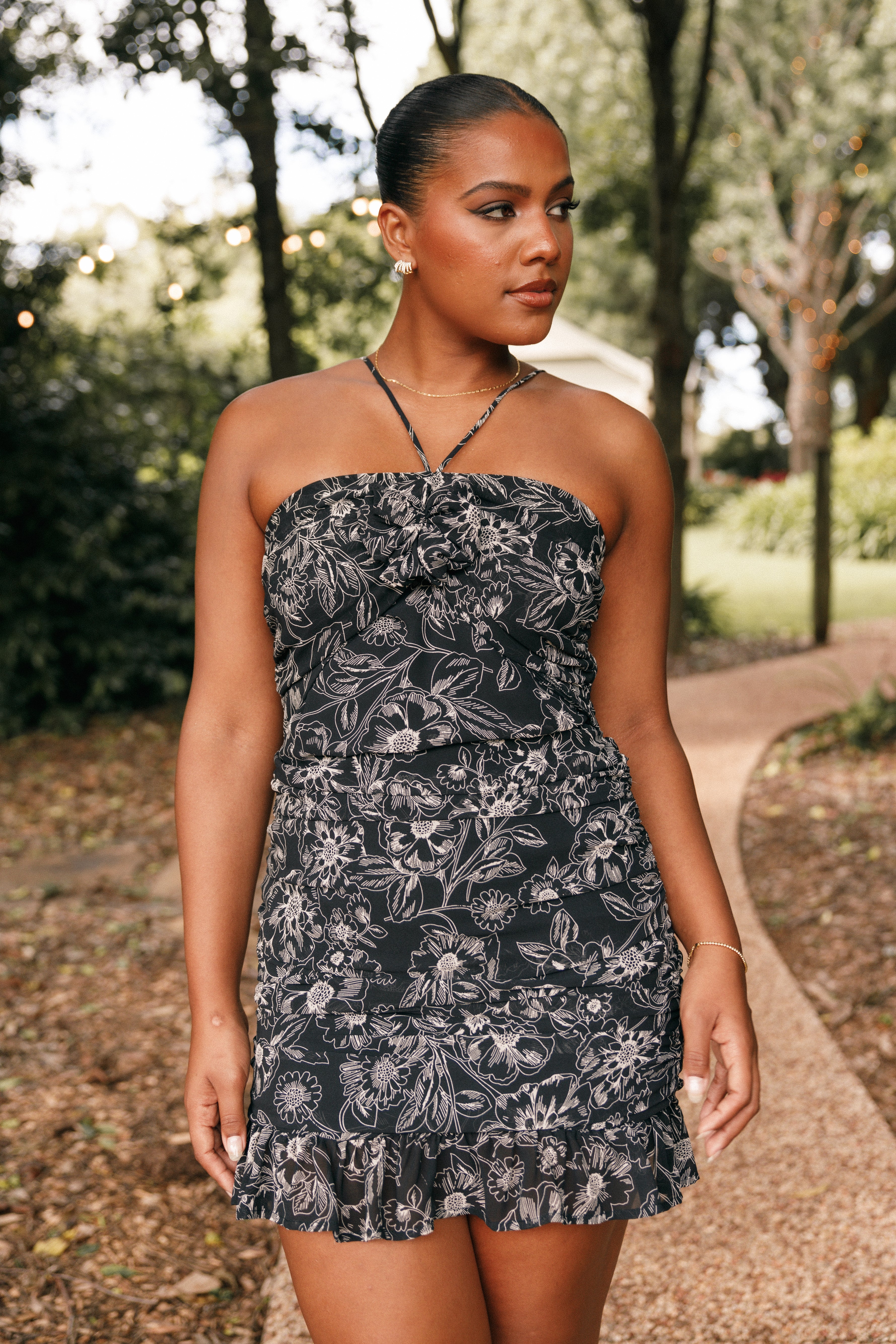 Zuri Floral Mini Dress with Detachable Rosette - Black Halter