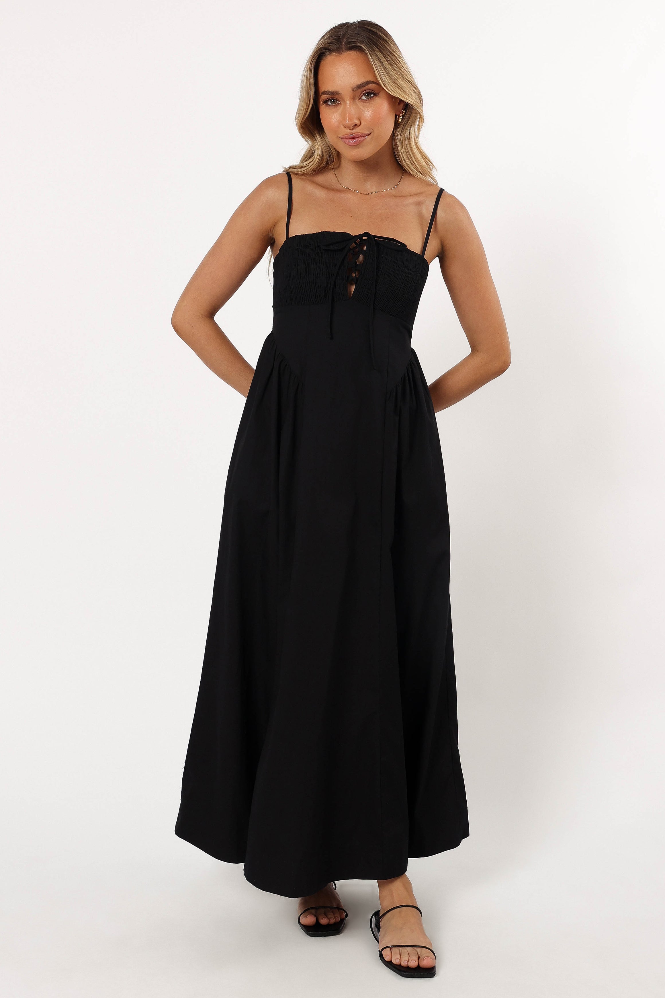 Black Alena Midi Dress with Square Neckline & Adjustable Straps