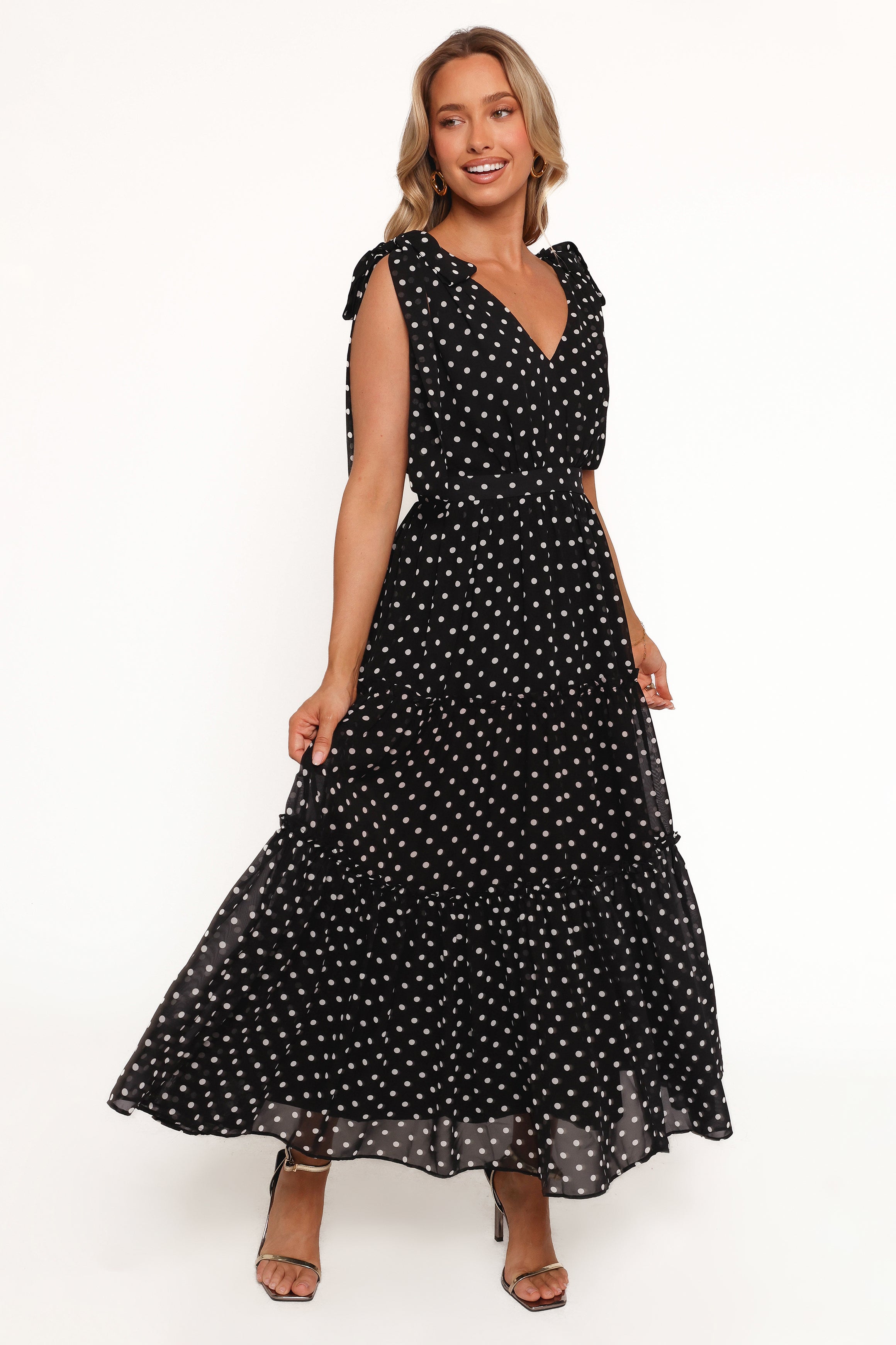 Black Polka Dot Ada Maxi Dress with V Neck & Tie Straps