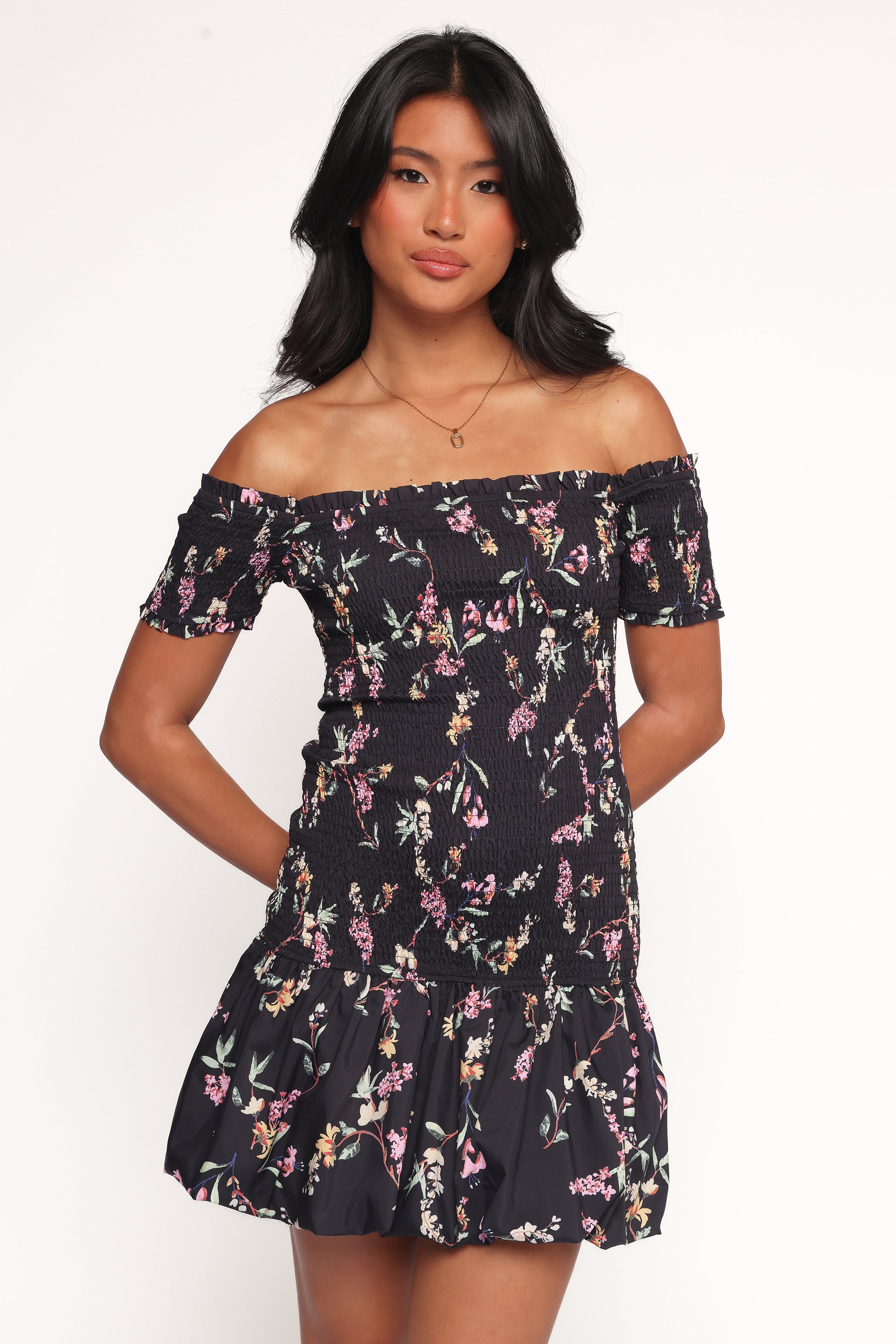 Black Floral Lewis Mini Dress - Short Sleeve Bubble Hem