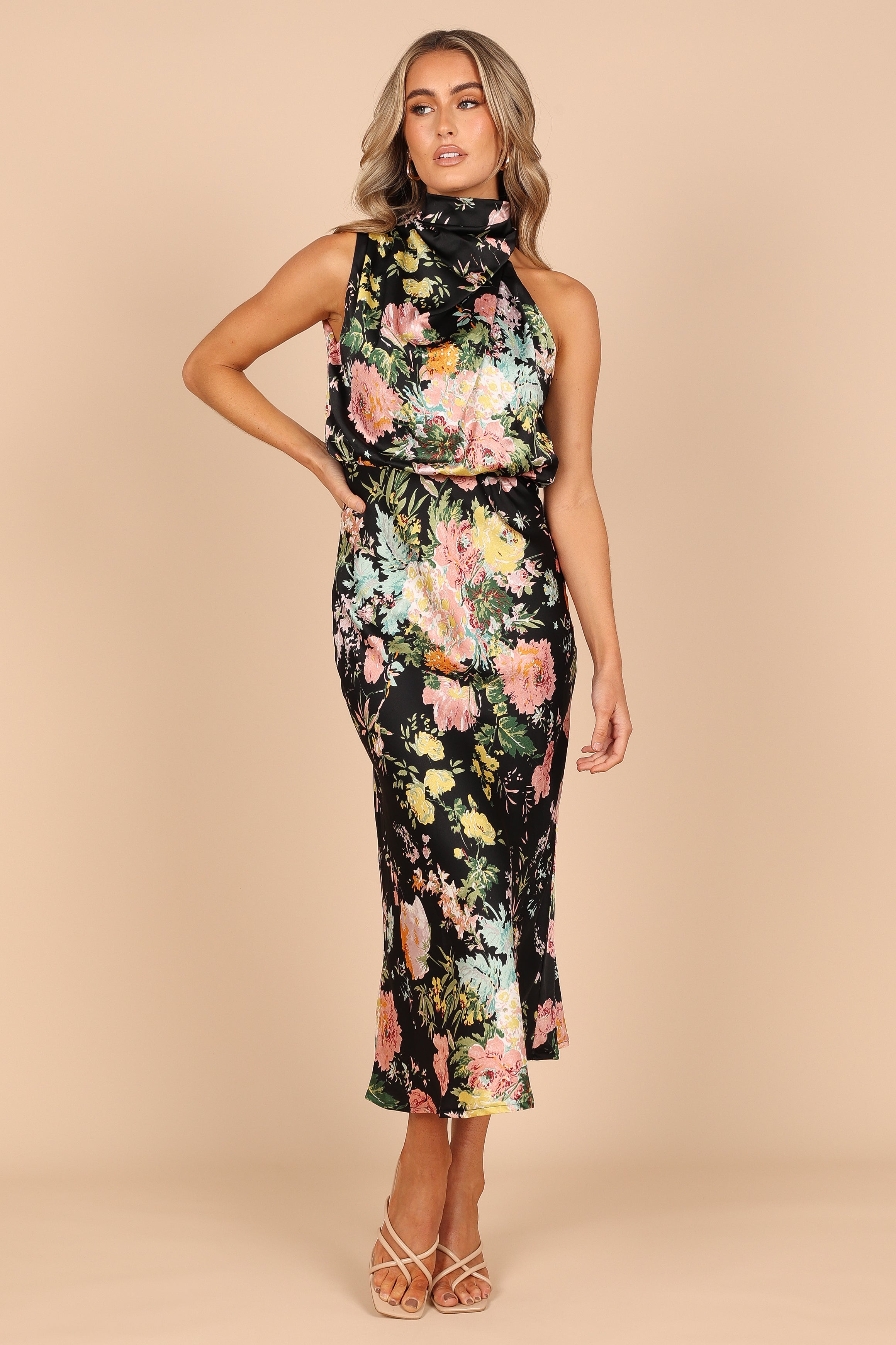 Anabelle Floral Halter Neck Midi Dress - Black Satin Party Wear