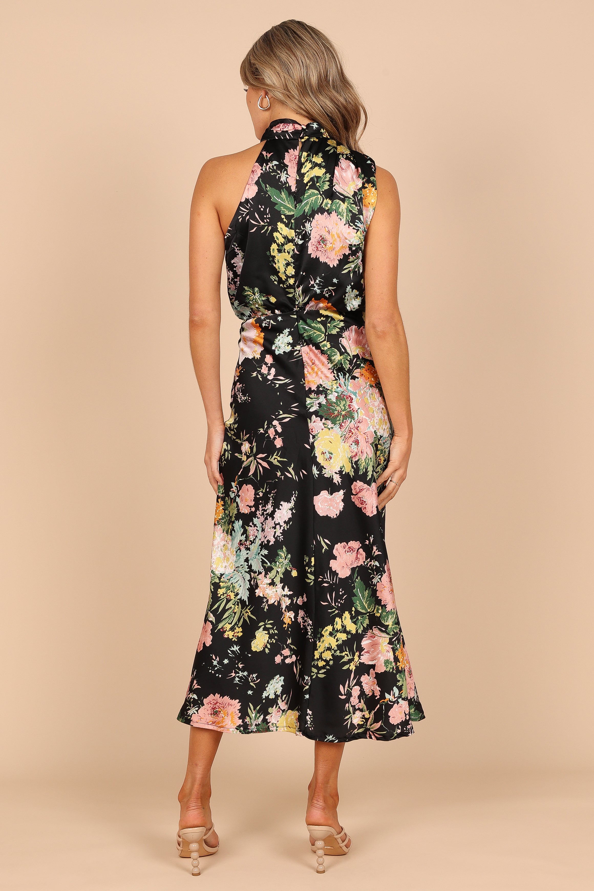 Anabelle Floral Halter Neck Midi Dress - Black Satin Party Wear