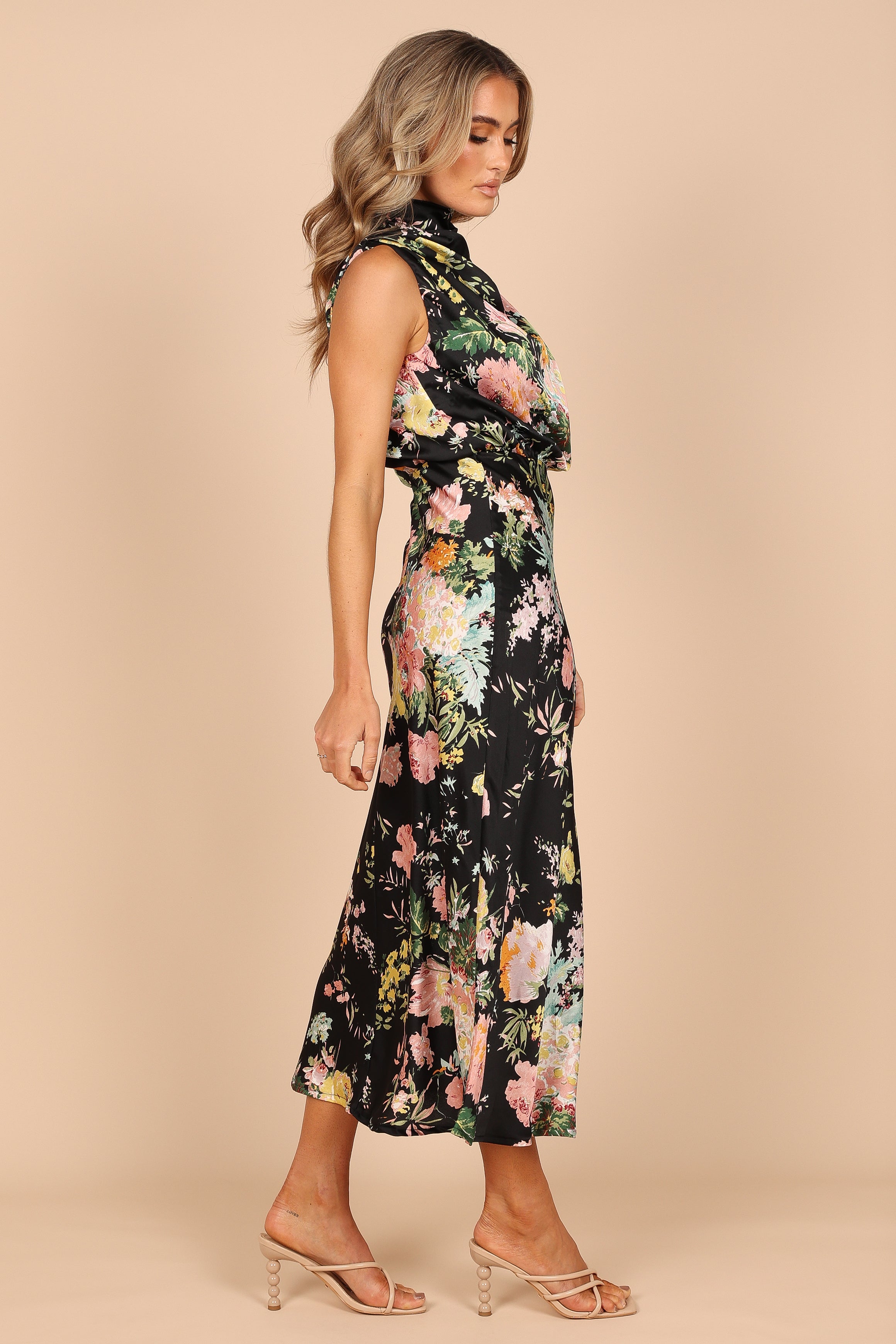Anabelle Floral Halter Neck Midi Dress - Black Satin Party Wear