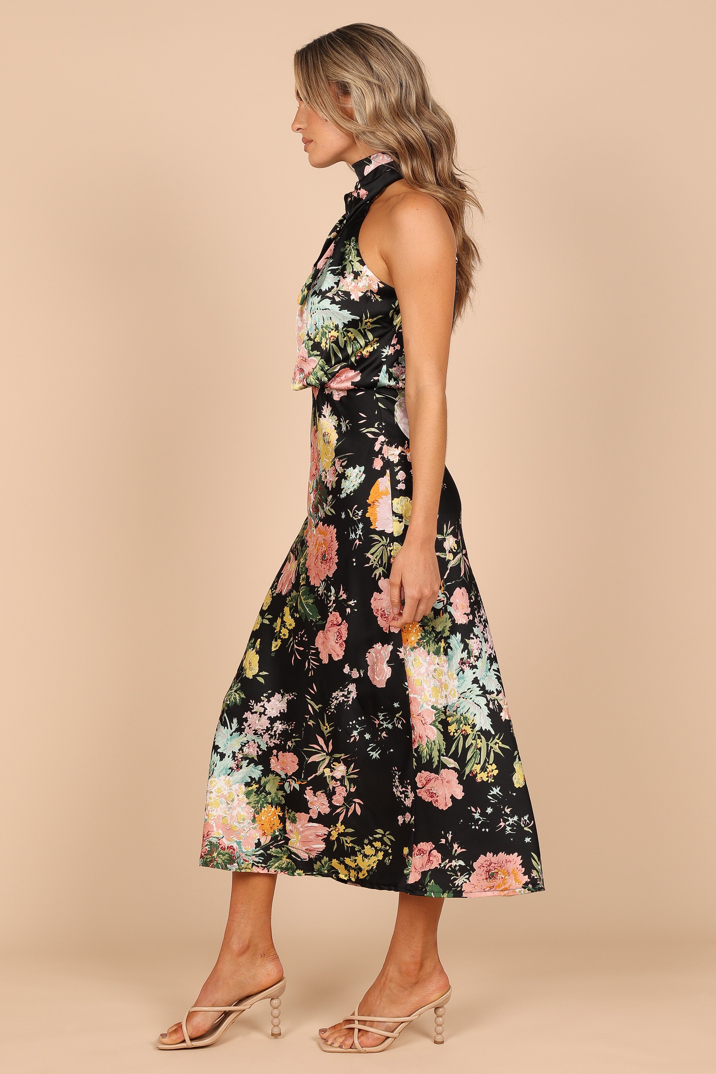 Anabelle Floral Halter Neck Midi Dress - Black Satin Party Wear