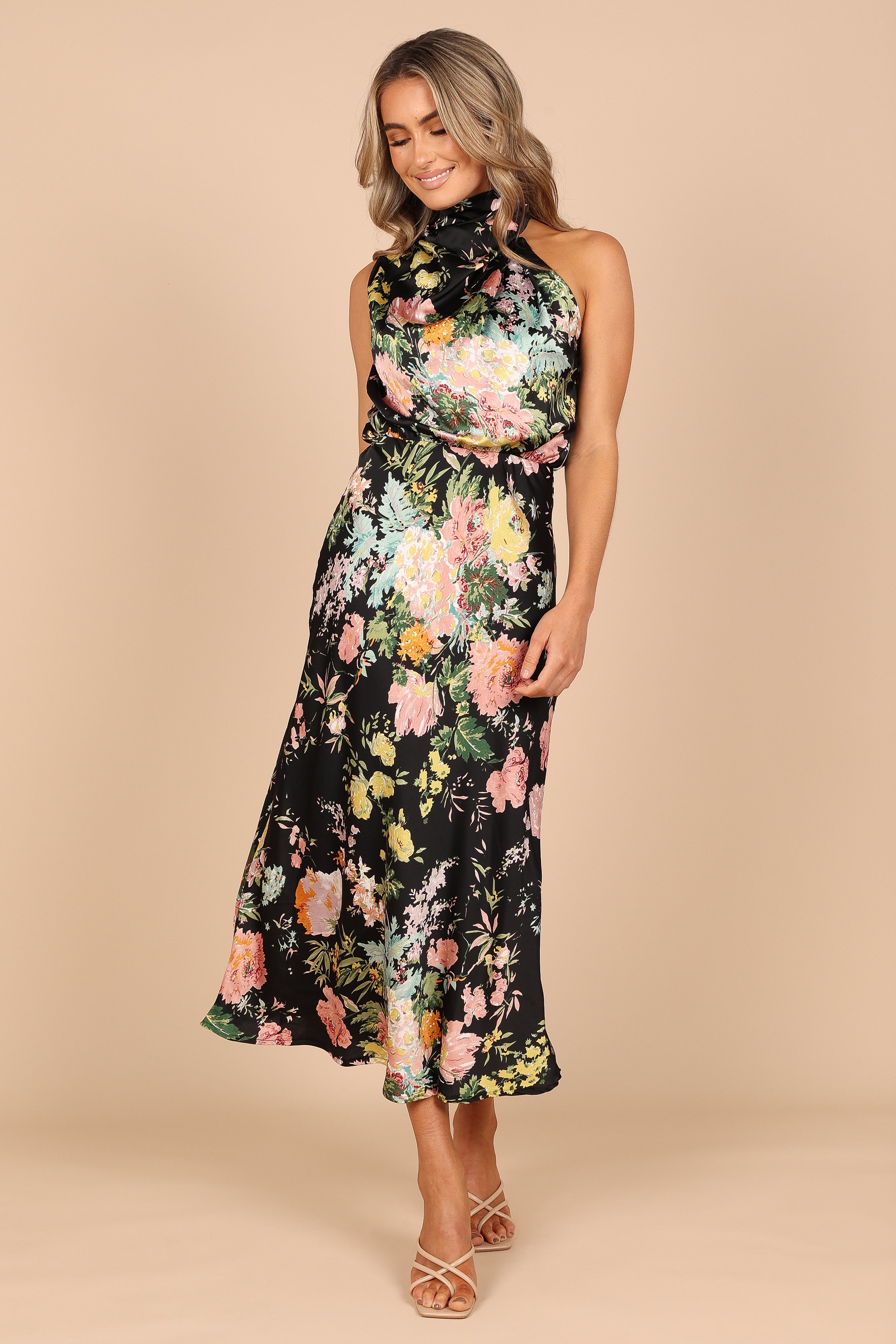 Anabelle Floral Halter Neck Midi Dress - Black Satin Party Wear