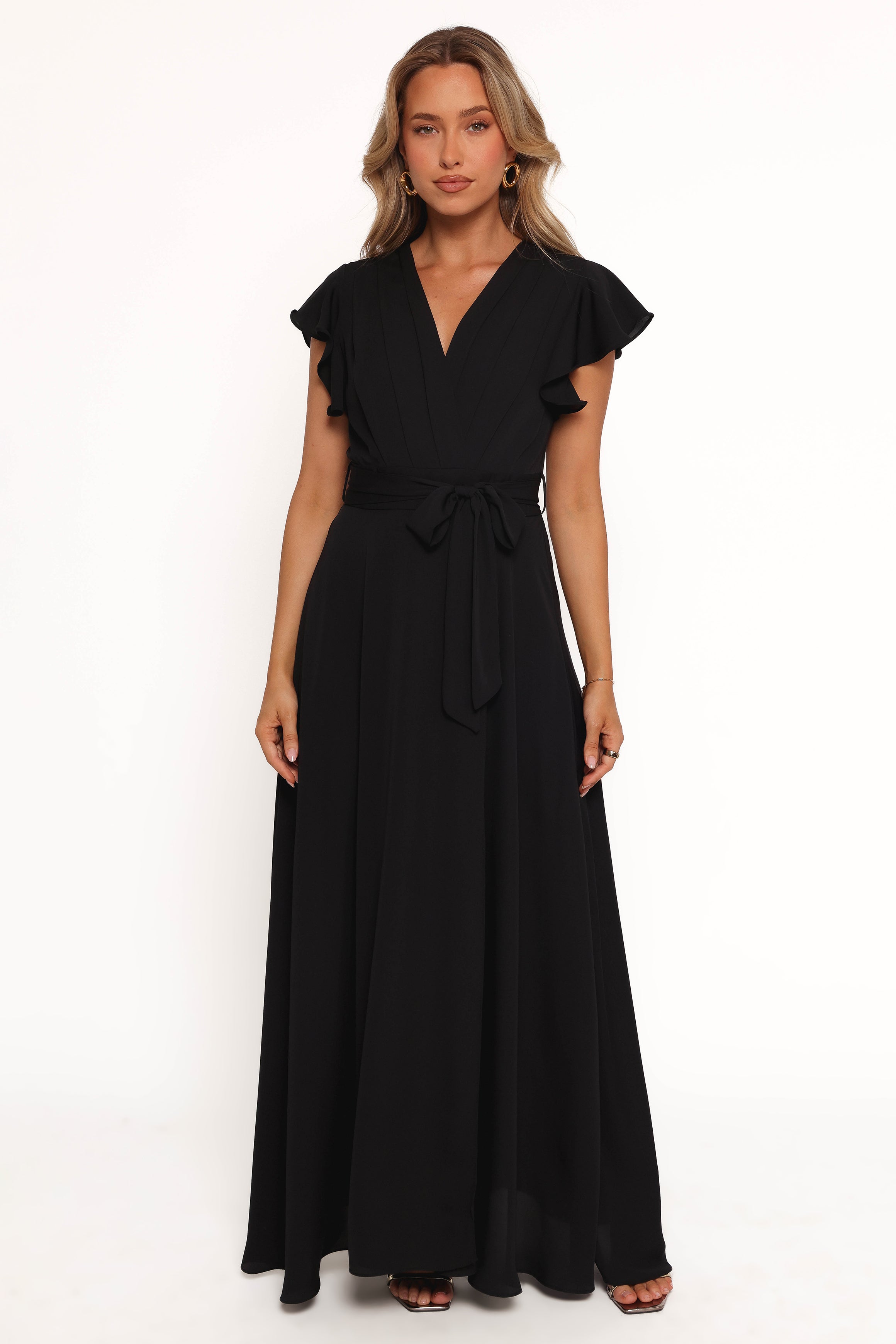 Black Wrap Maxi Dress with V Neck & Flutter Sleeves - Maverick