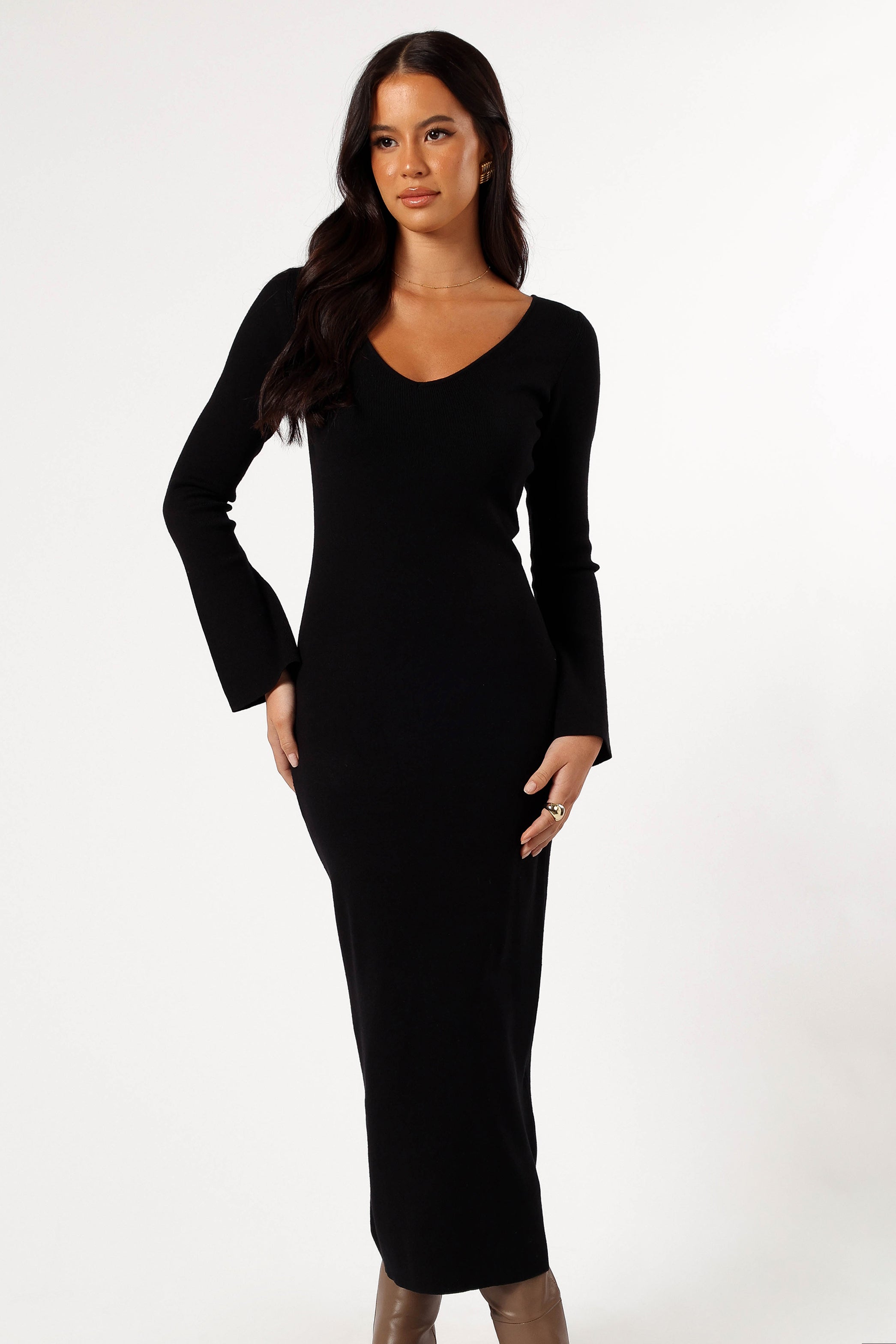 Lina Ribbed Knit Midi Dress - Black Long Sleeve V-Neck