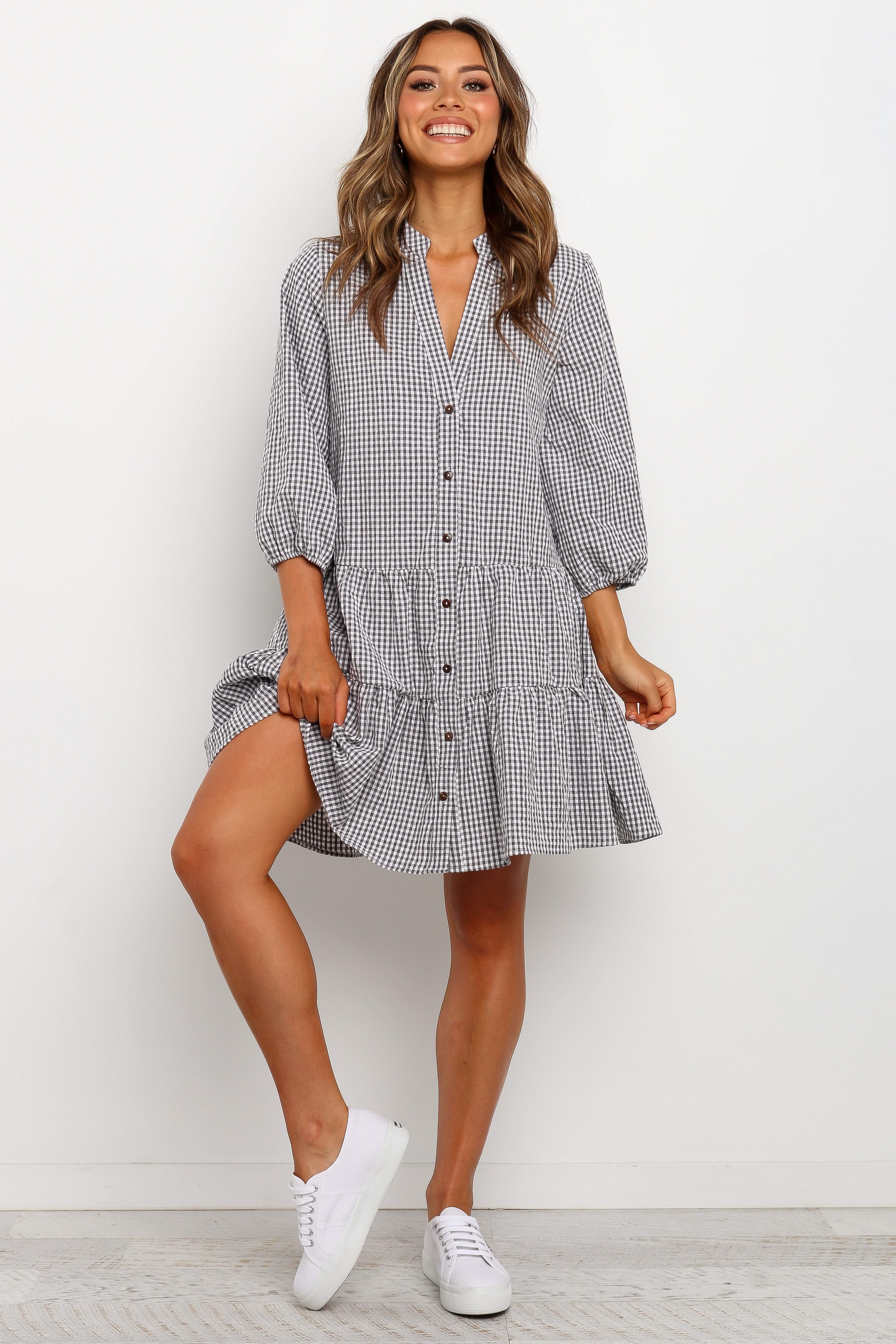 Black Gingham Mini Dress - Oversized V-Neck Long Sleeve Daria Dress