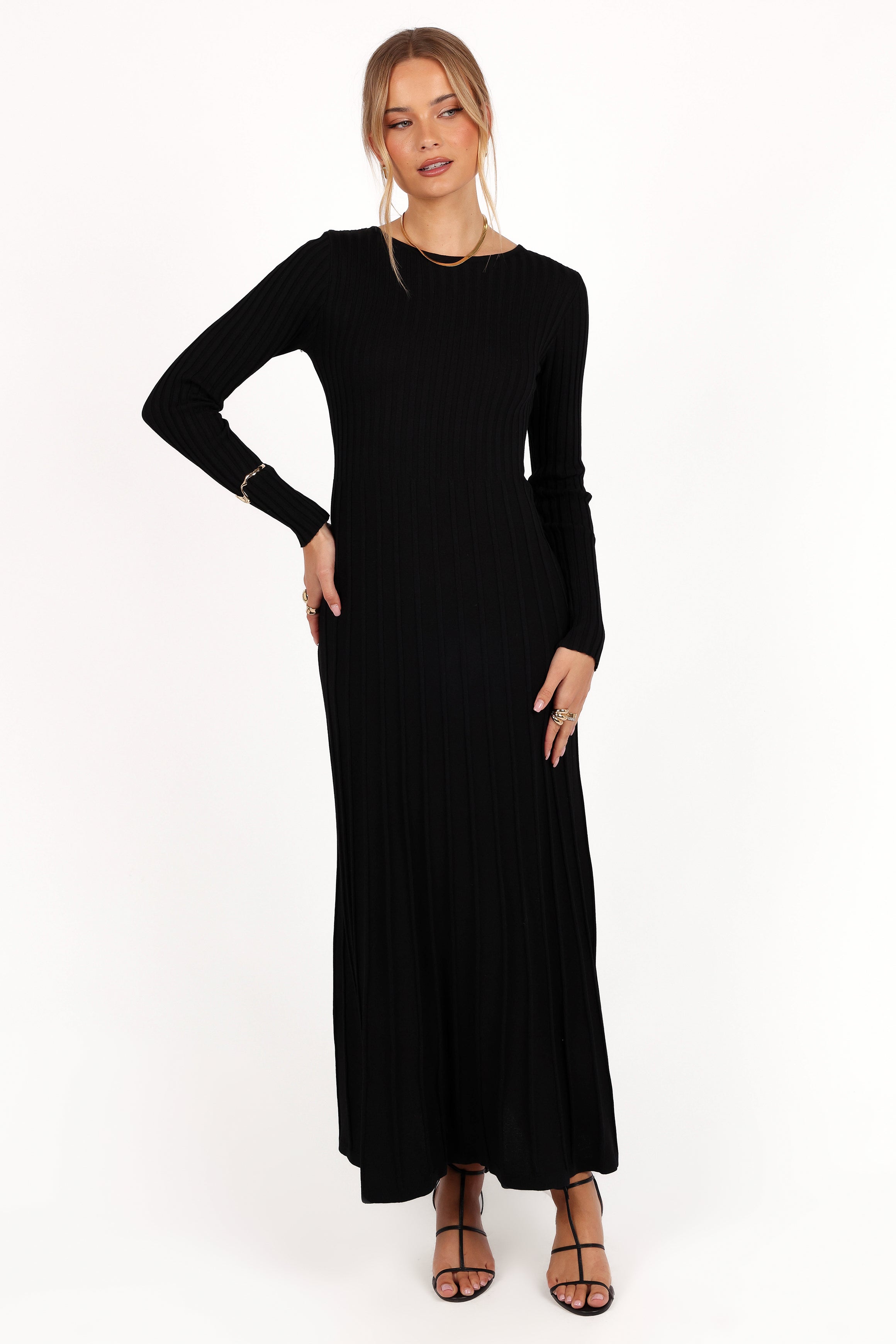 Alison Black Ribbed Knit Maxi Dress with Long Sleeves