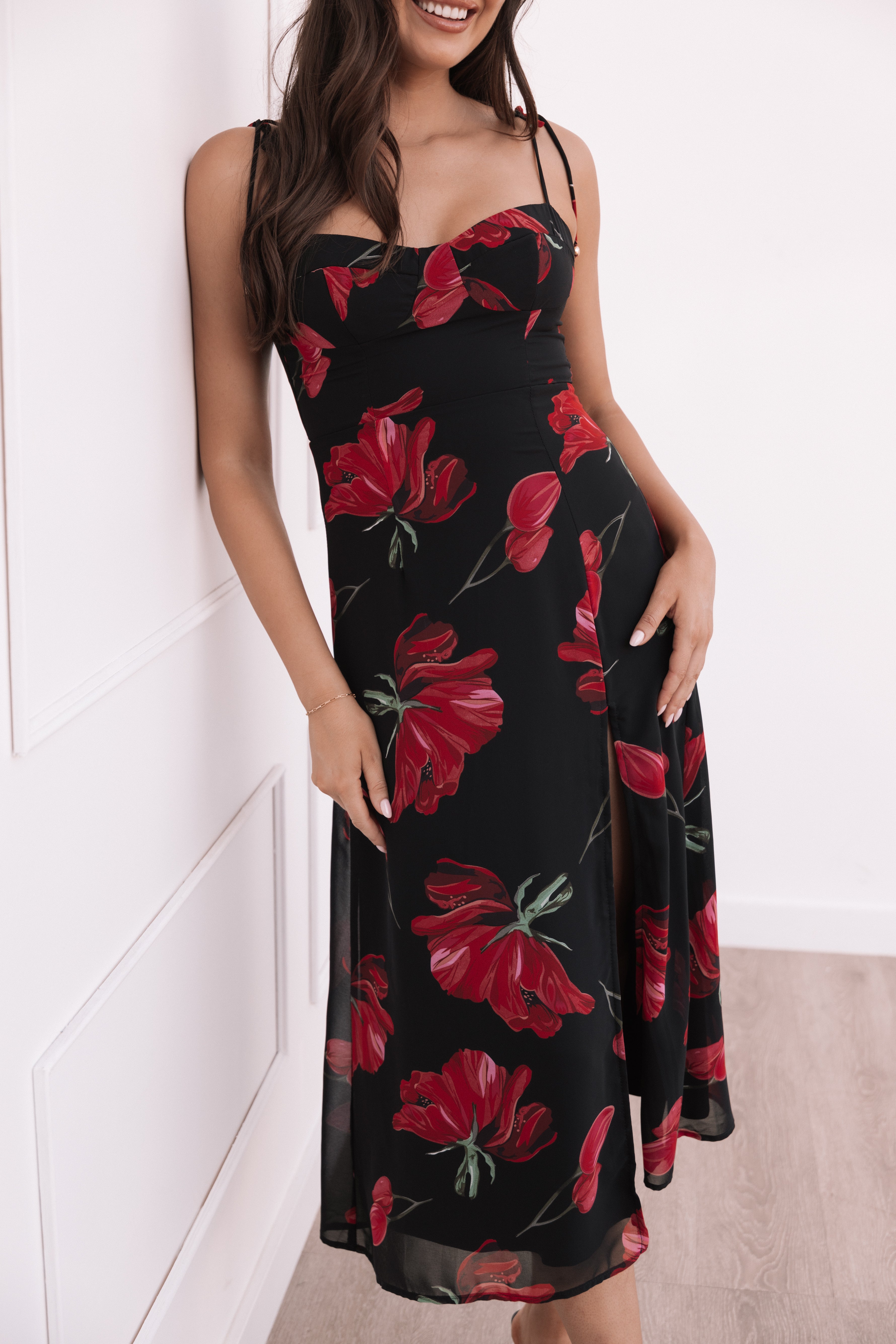 Floral Midi Dress with Sweetheart Neckline & Back Shirring - Black