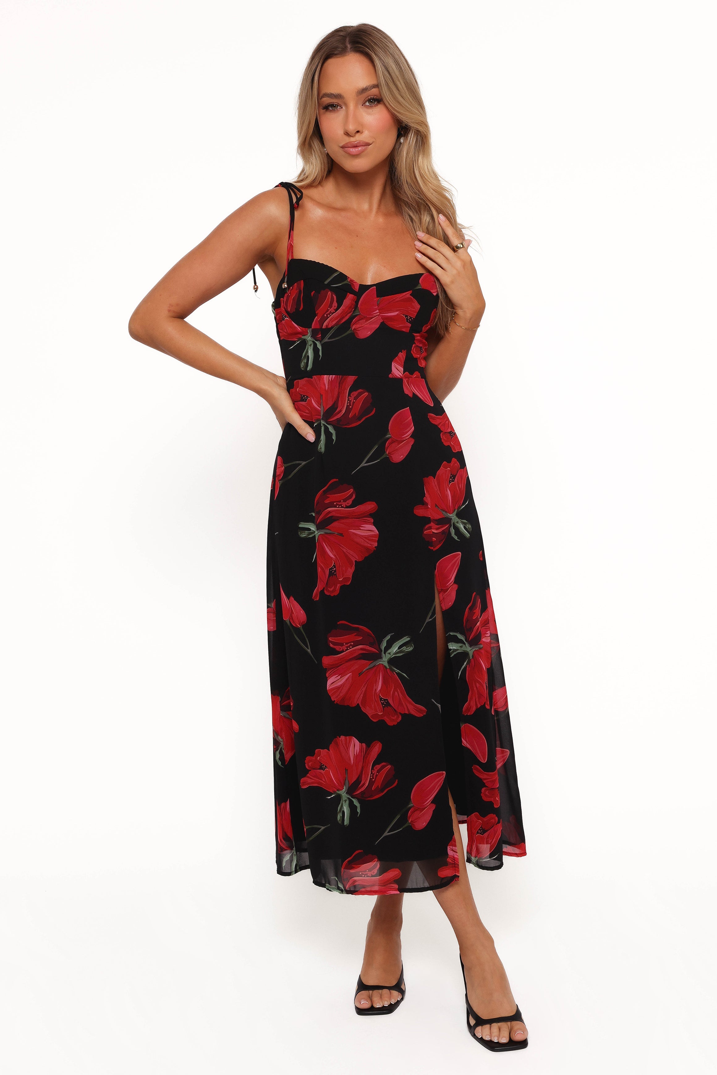 Floral Midi Dress with Sweetheart Neckline & Back Shirring - Black