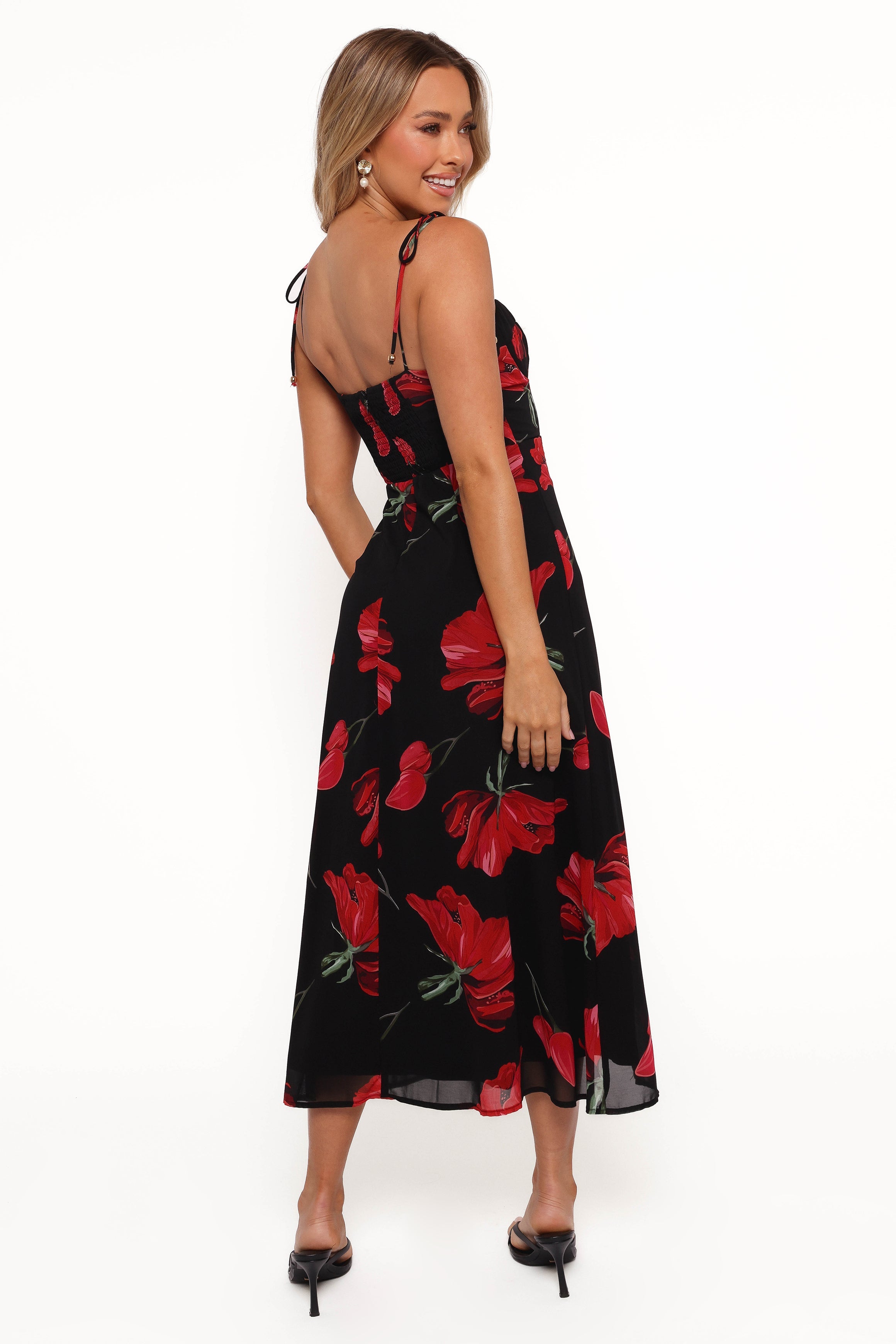 Floral Midi Dress with Sweetheart Neckline & Back Shirring - Black