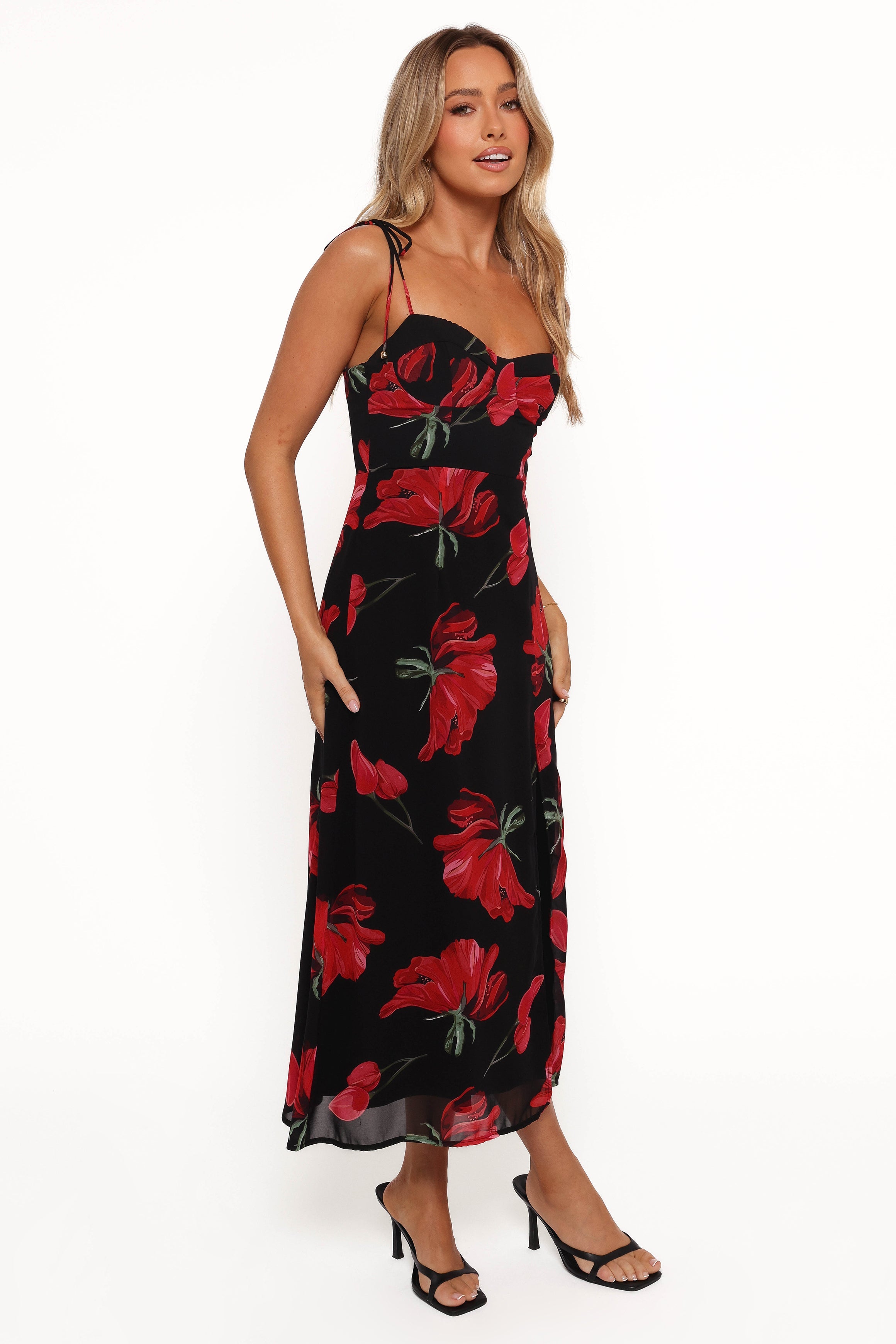 Floral Midi Dress with Sweetheart Neckline & Back Shirring - Black