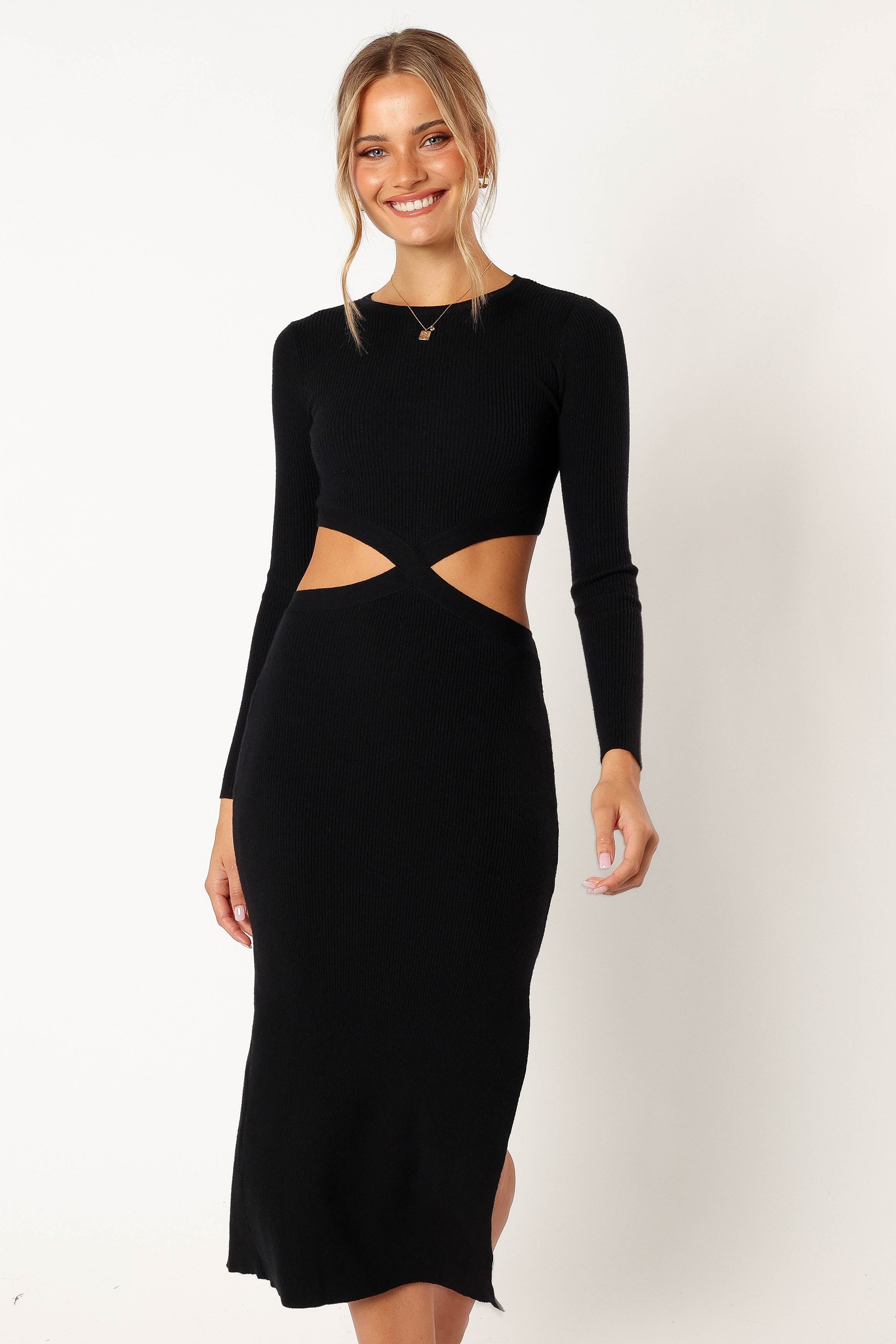 Black Bodycon Midi Dress with Cut Out & Long Sleeves