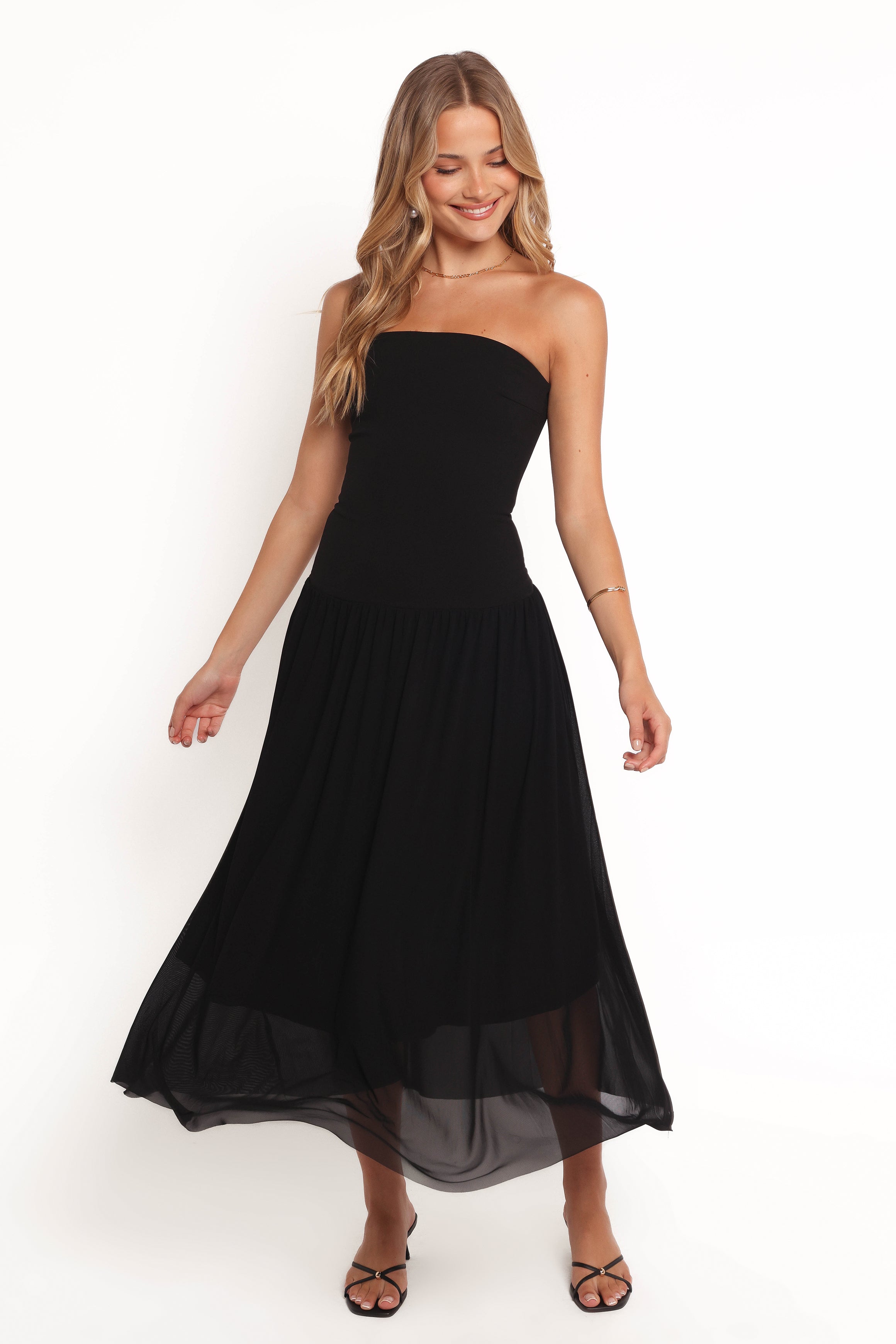 Black Caitie Midi Dress with Mesh Overlay & Drop Waist
