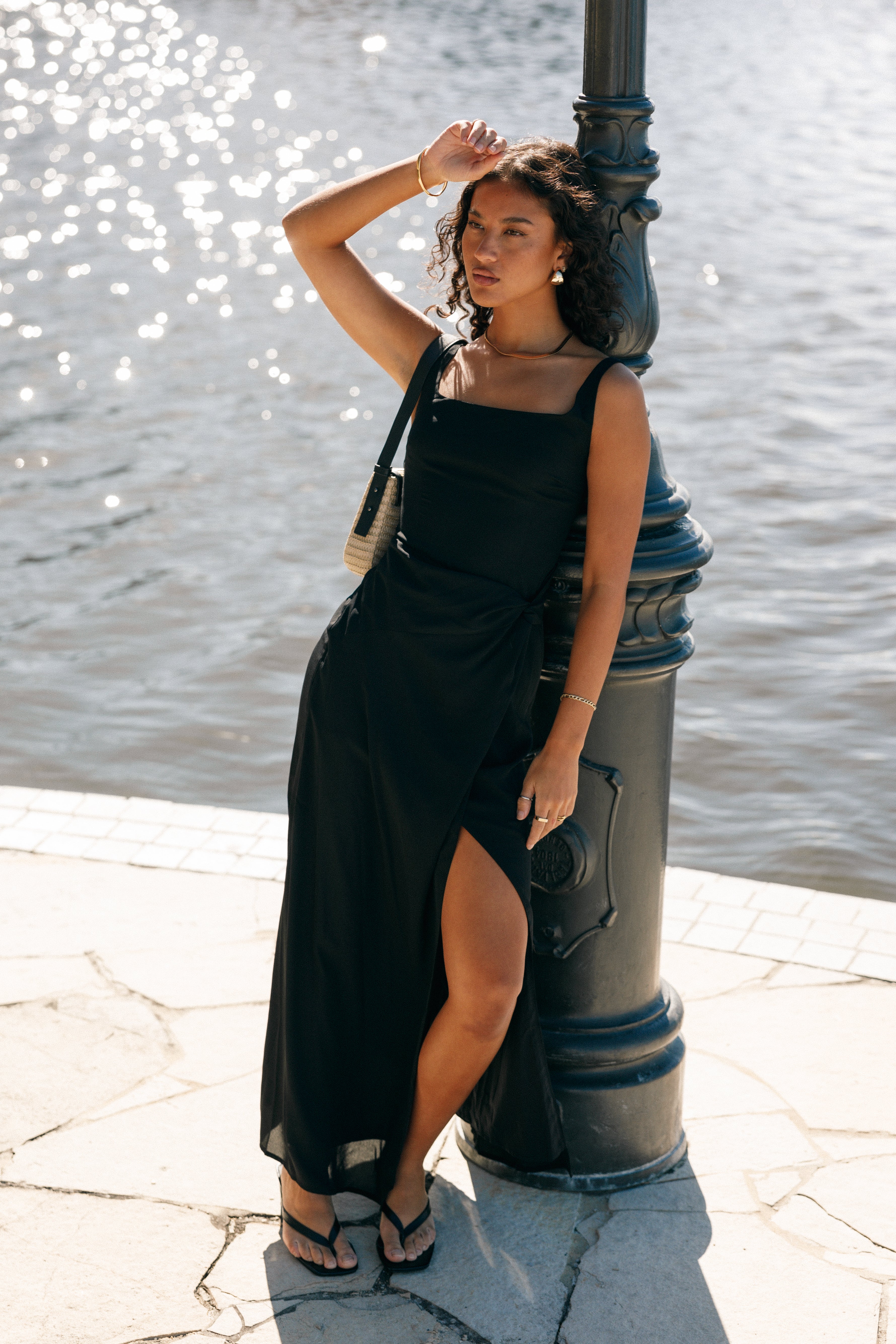 Nadea Black Faux Wrap Maxi Dress - Elegant Sleeveless Design