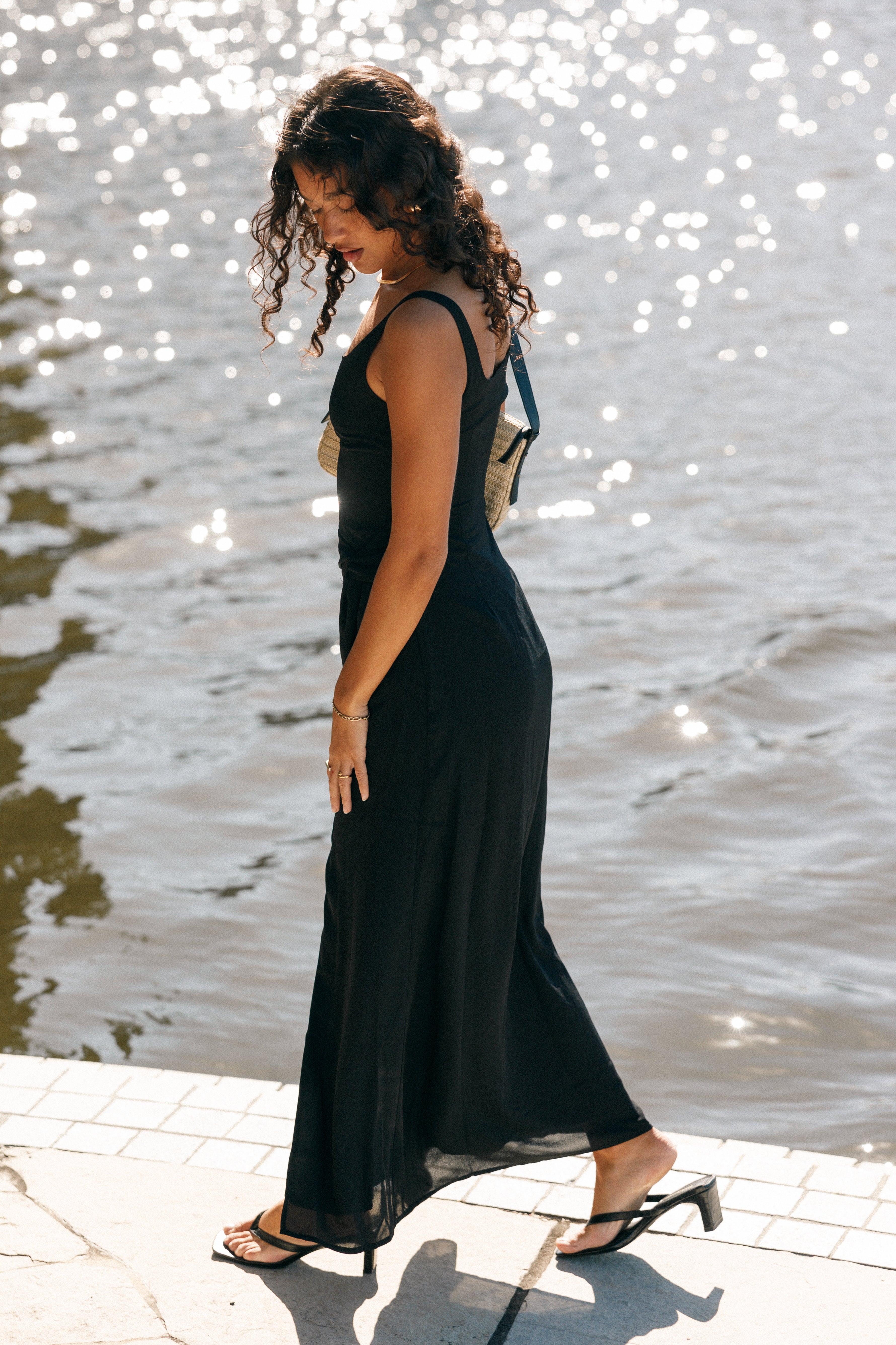 Nadea Black Faux Wrap Maxi Dress - Elegant Sleeveless Design