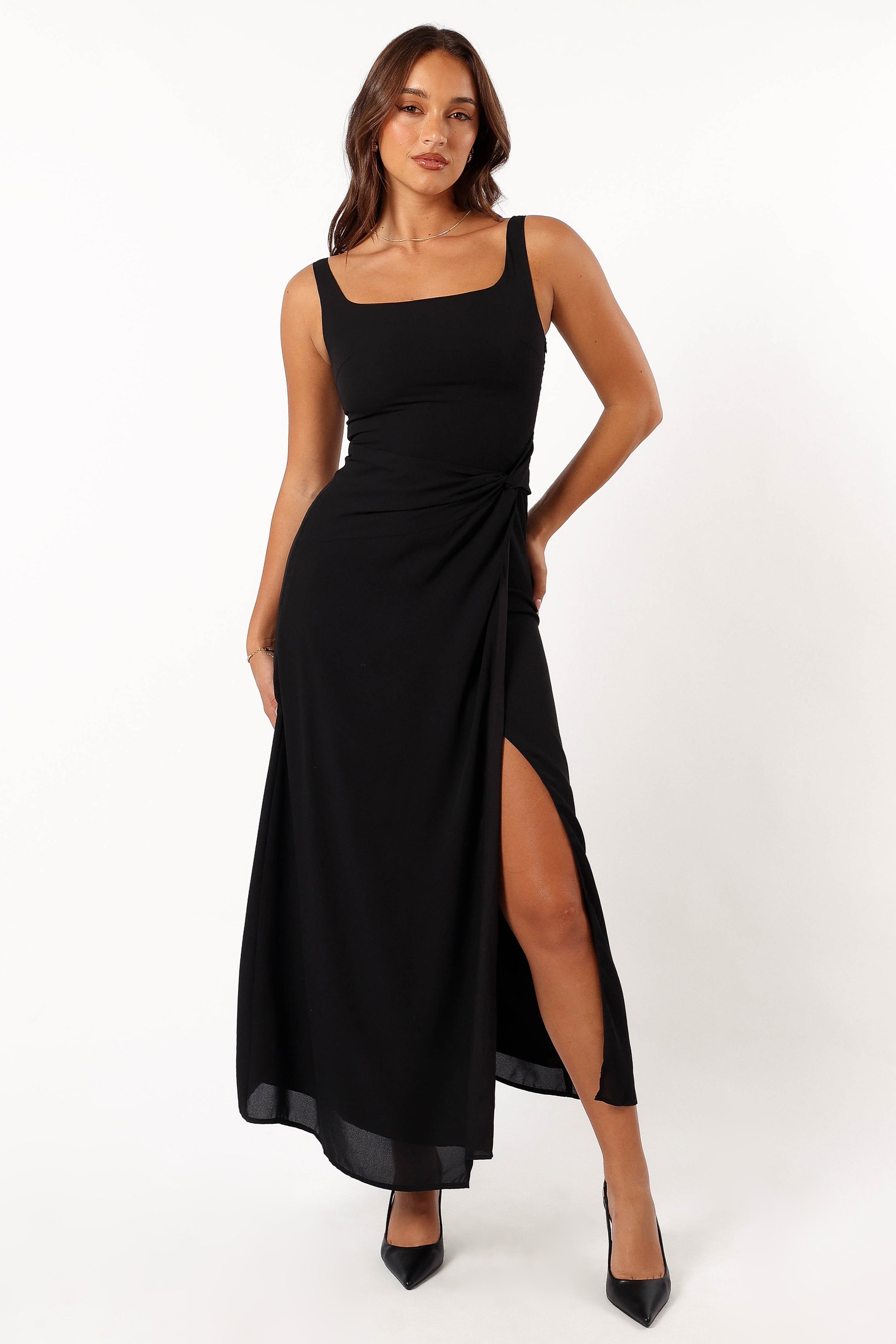 Nadea Black Faux Wrap Maxi Dress - Elegant Sleeveless Design