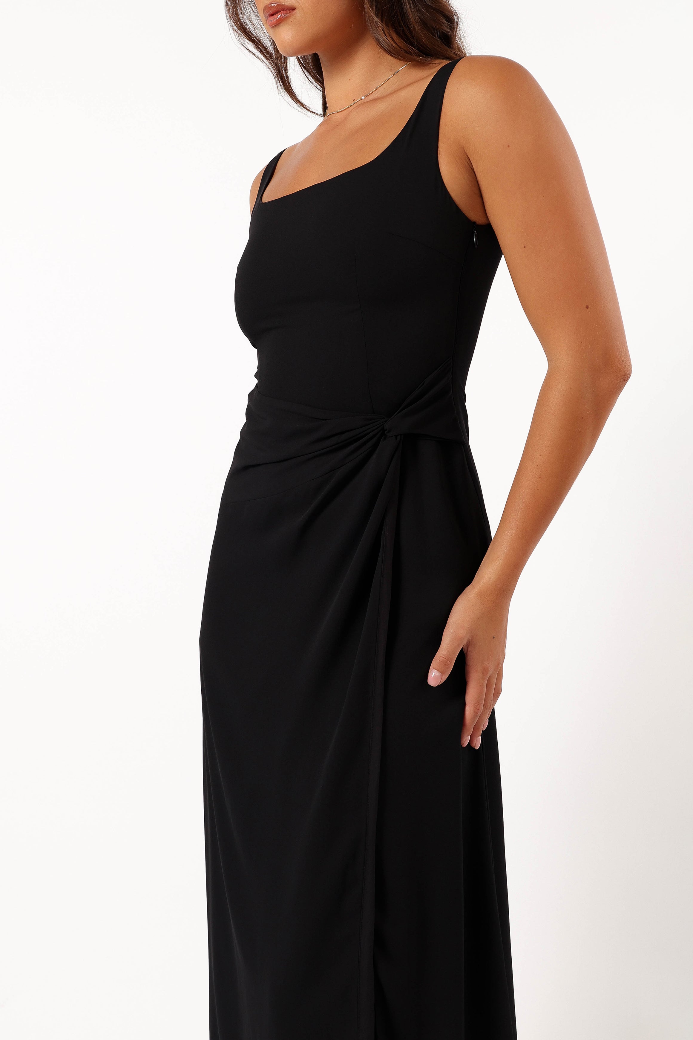 Nadea Black Faux Wrap Maxi Dress - Elegant Sleeveless Design