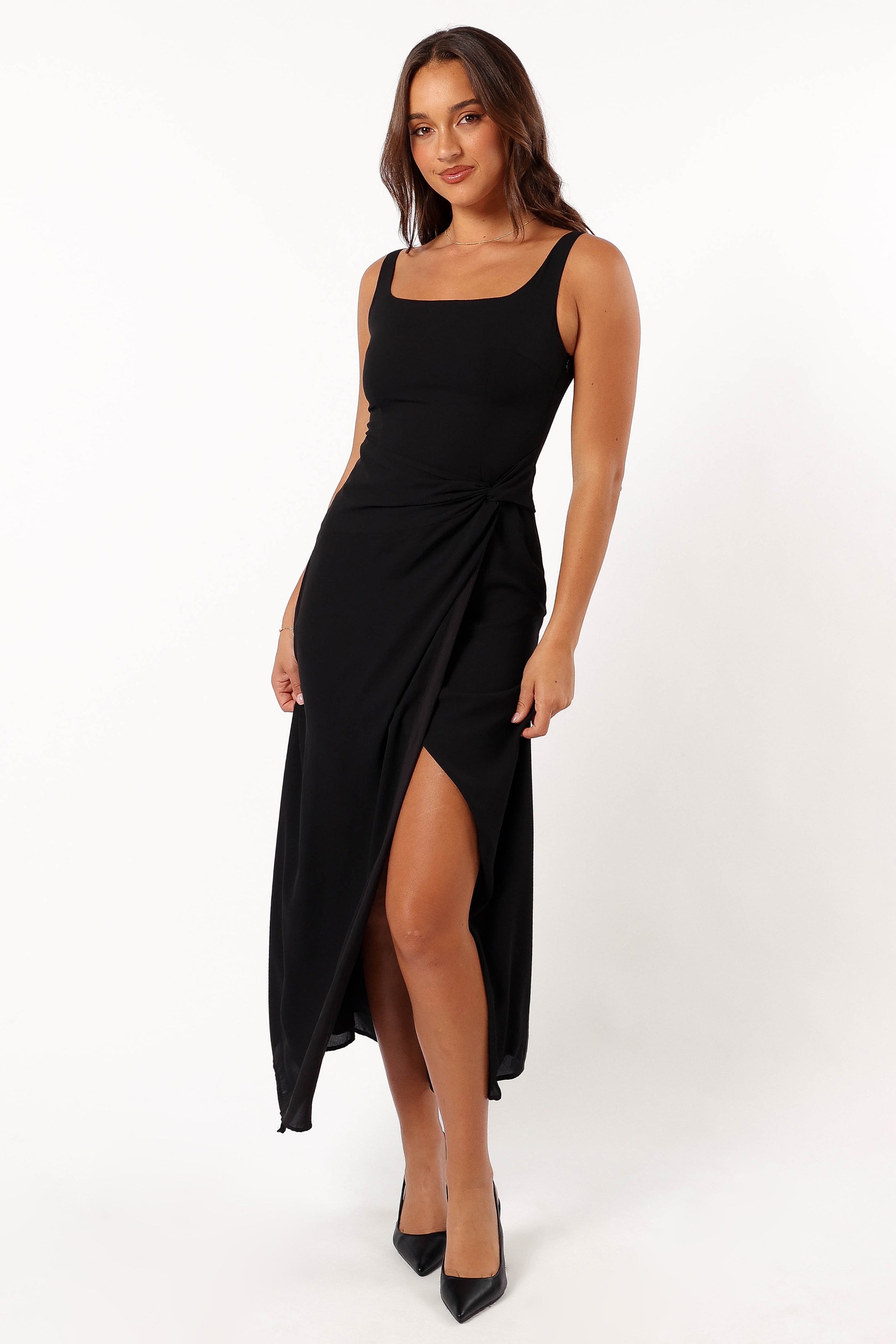 Nadea Black Faux Wrap Maxi Dress - Elegant Sleeveless Design