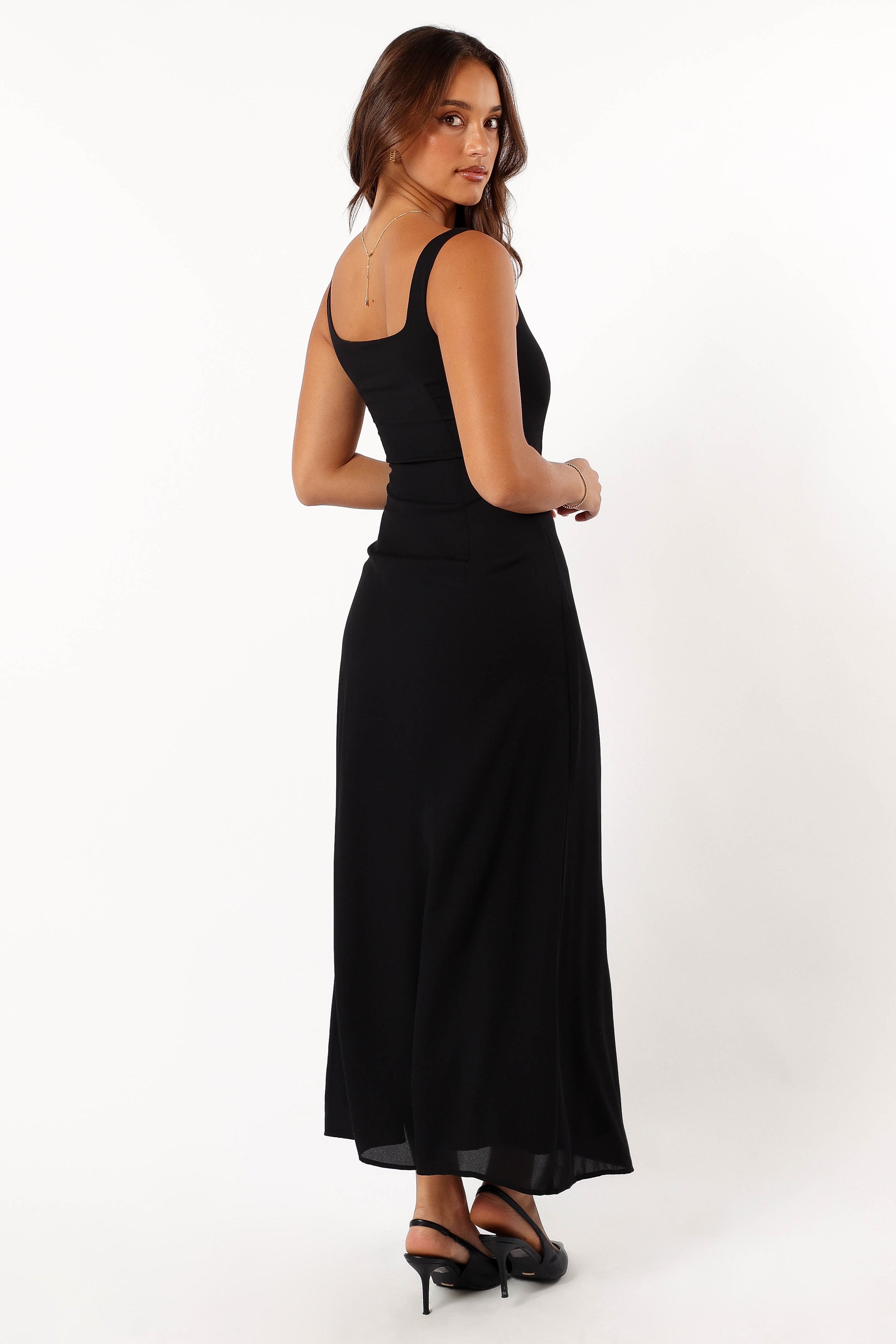 Nadea Black Faux Wrap Maxi Dress - Elegant Sleeveless Design
