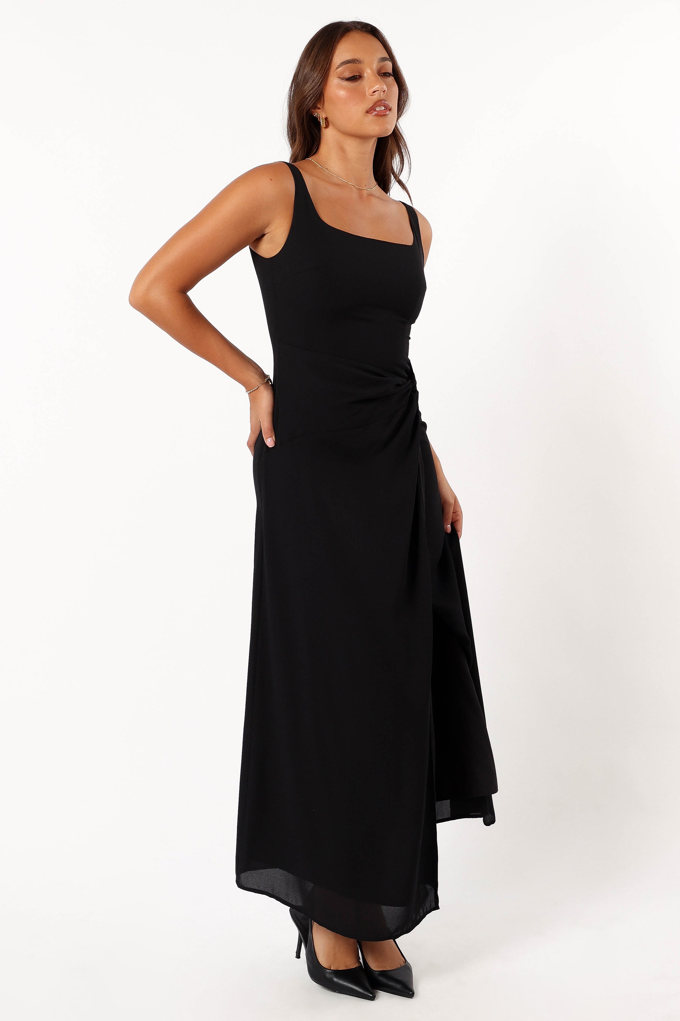 Nadea Black Faux Wrap Maxi Dress - Elegant Sleeveless Design