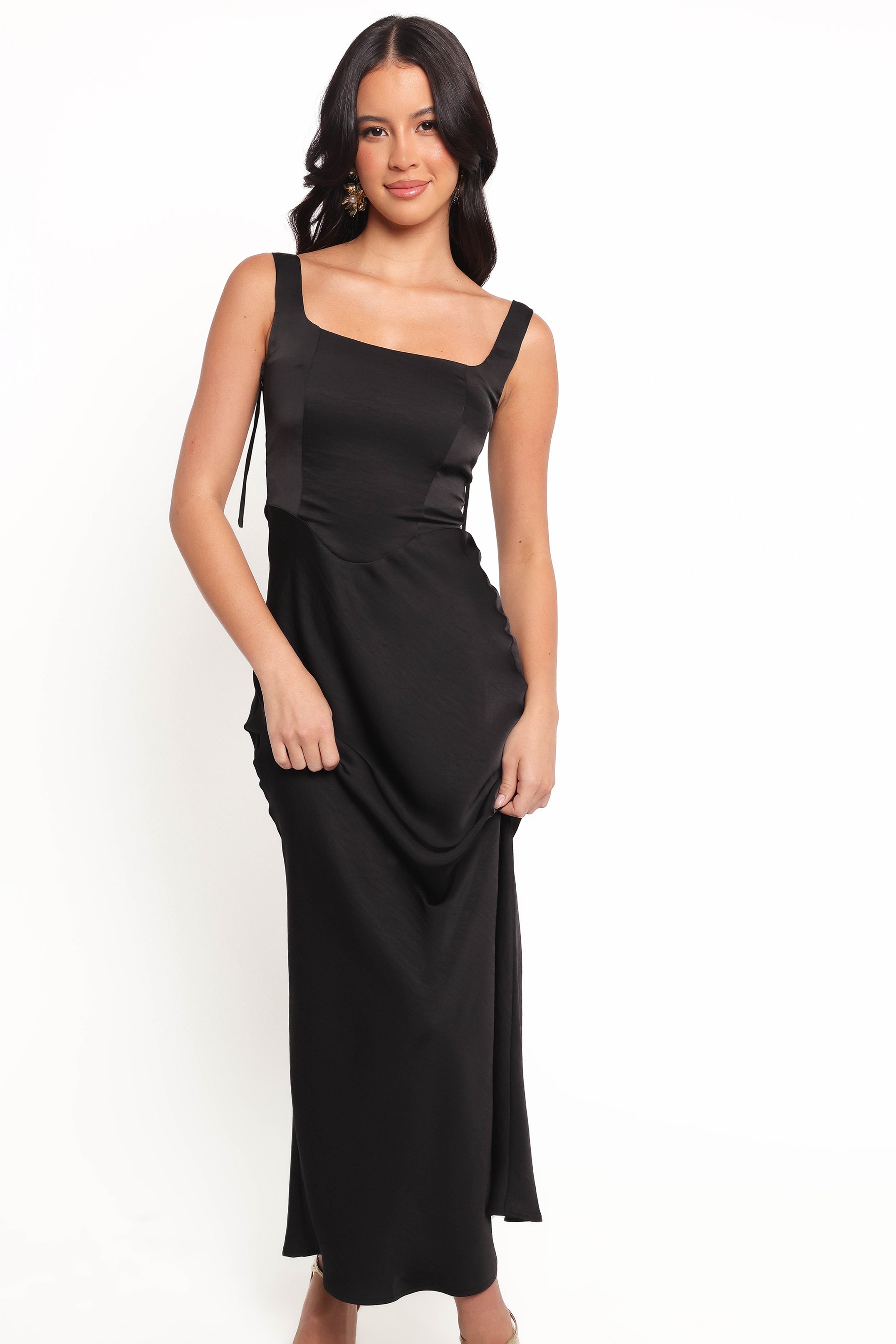 Black Emile Midi Dress with Square Neckline & Tie Straps