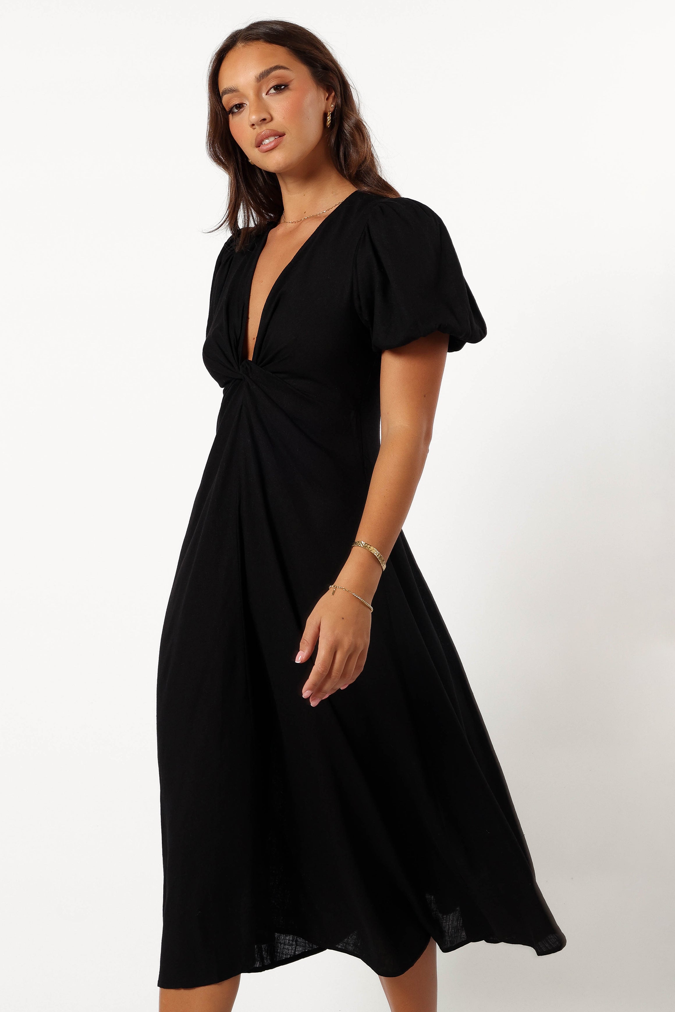 Matilda Black Midi Dress with V Neck & Puff Sleeves