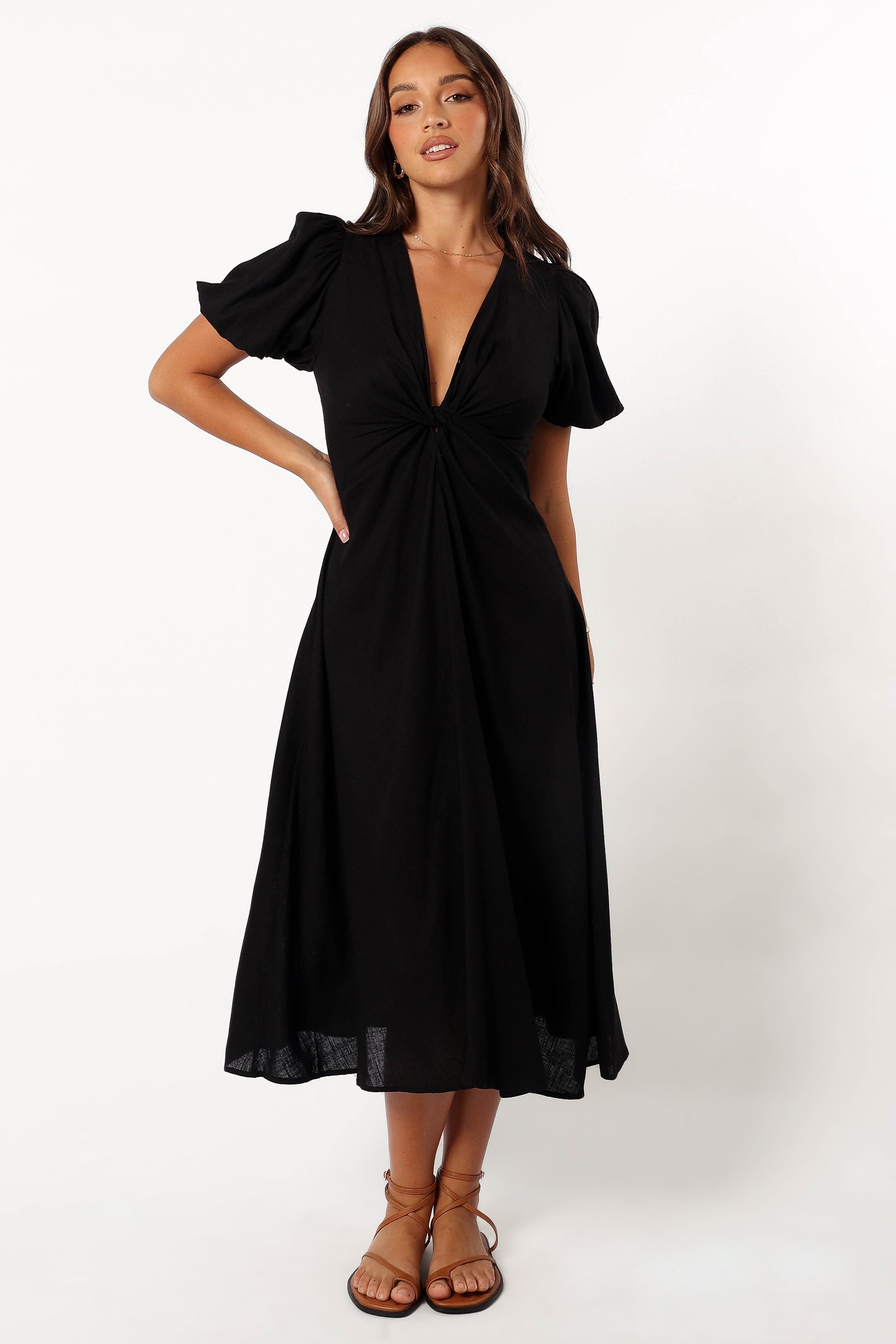 Matilda Black Midi Dress with V Neck & Puff Sleeves