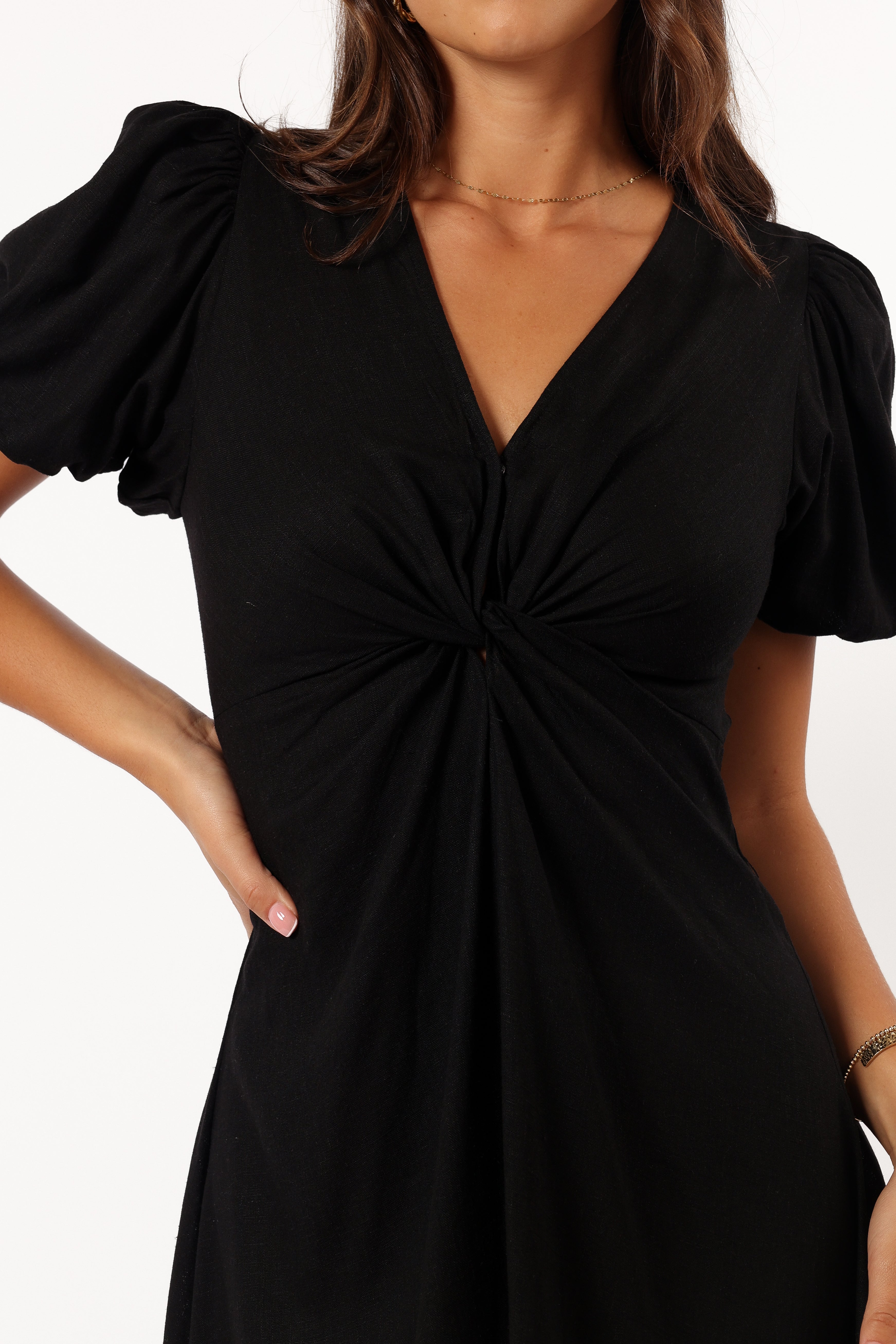 Matilda Black Midi Dress with V Neck & Puff Sleeves