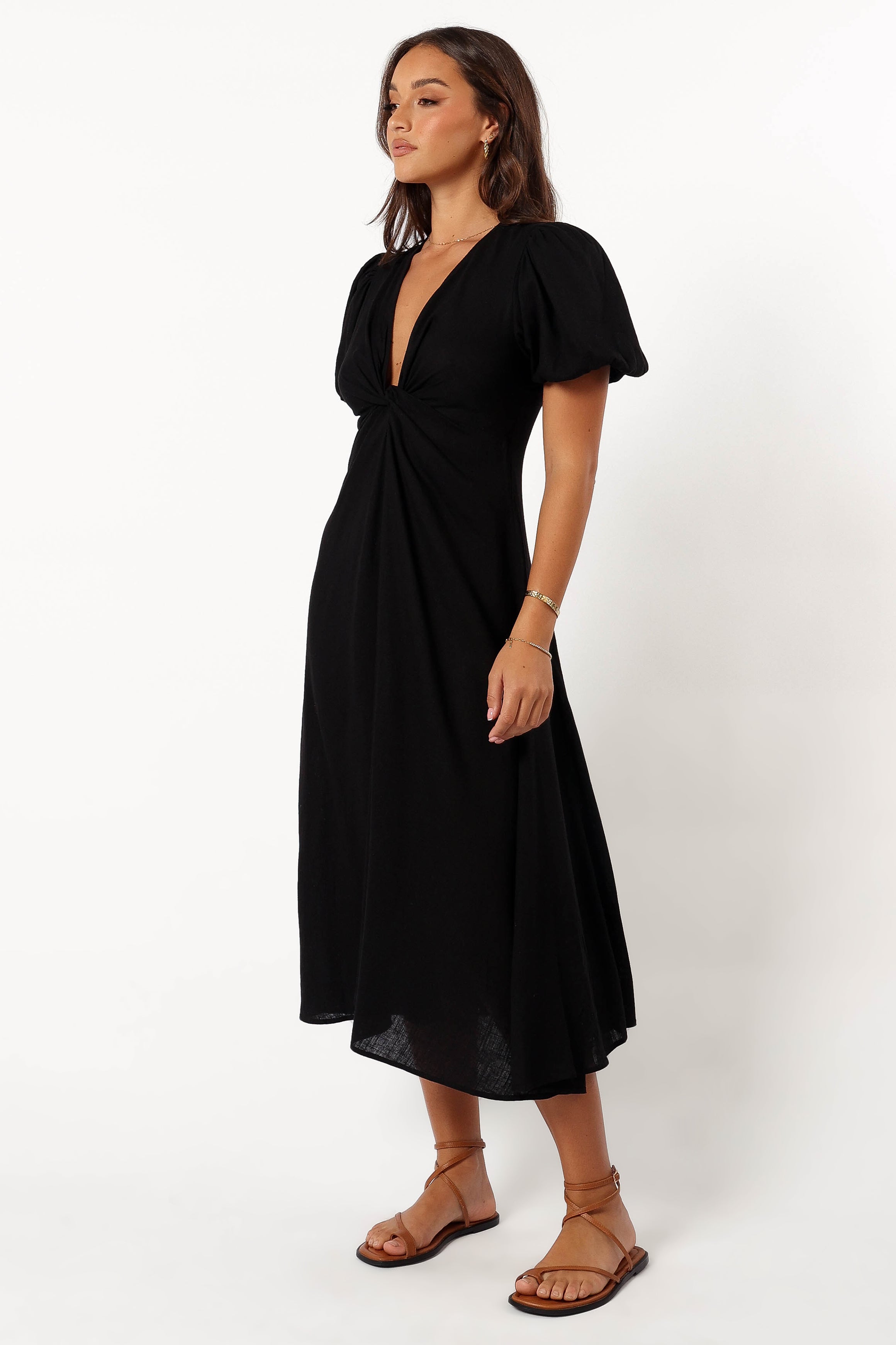 Matilda Black Midi Dress with V Neck & Puff Sleeves