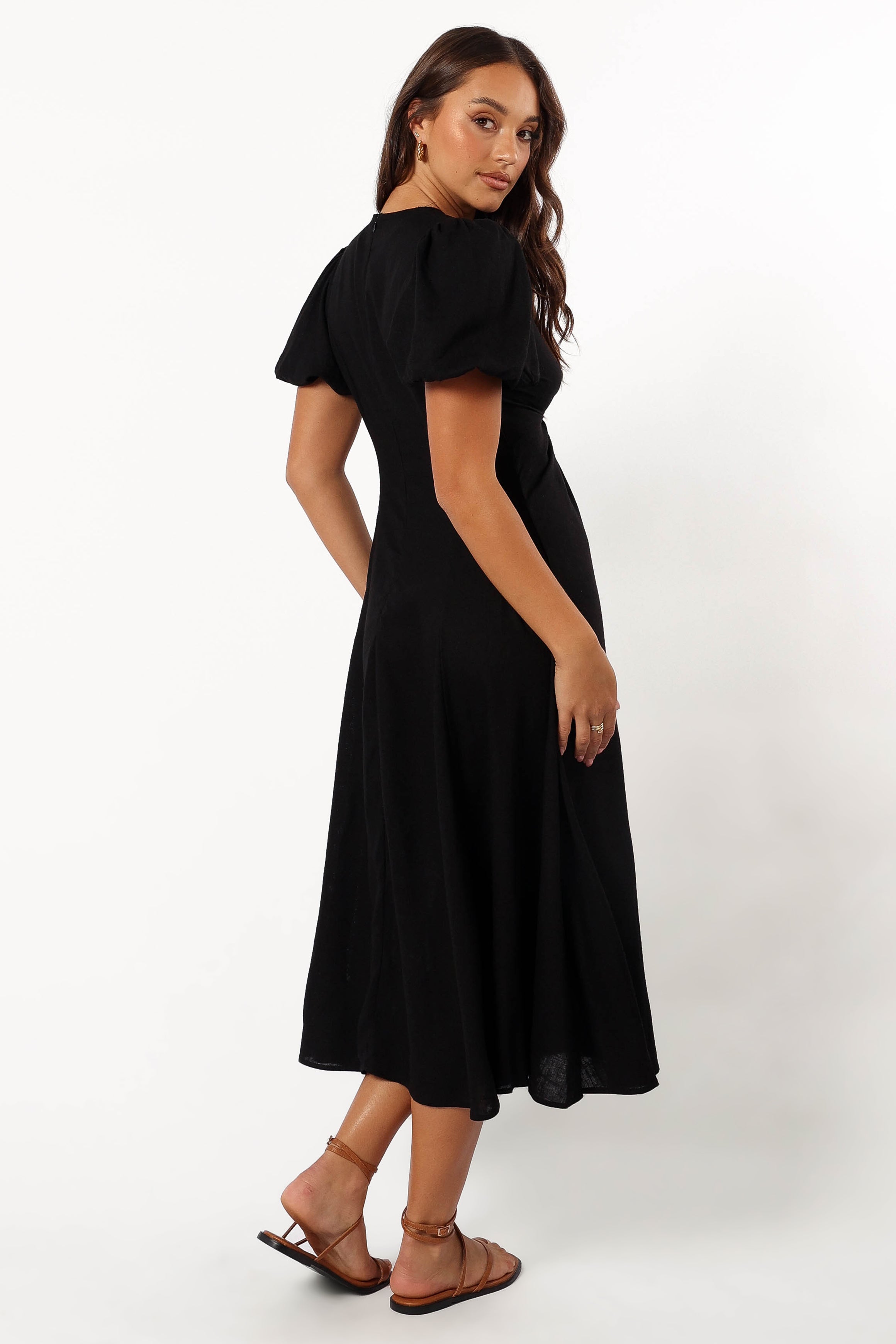 Matilda Black Midi Dress with V Neck & Puff Sleeves