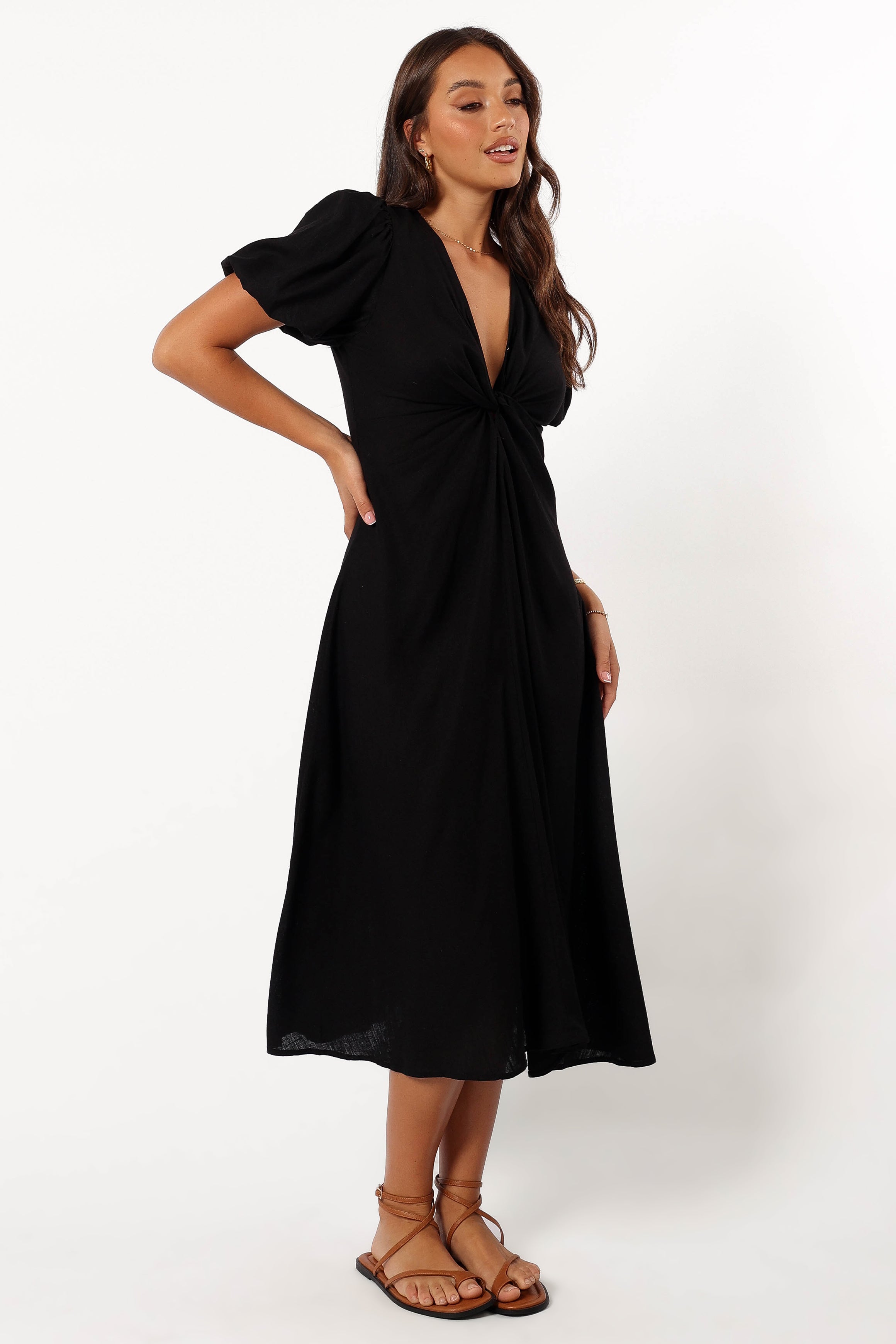 Matilda Black Midi Dress with V Neck & Puff Sleeves