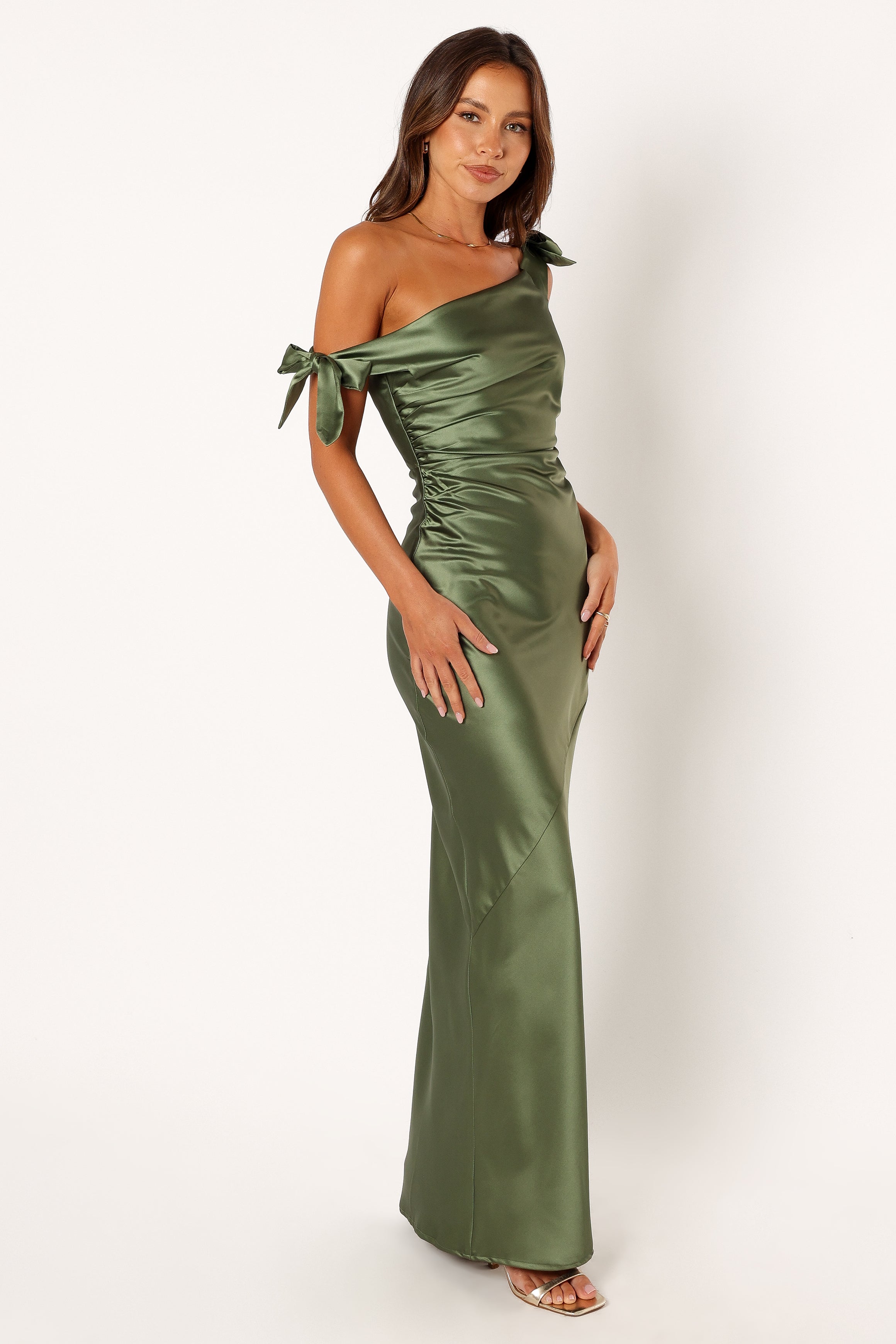 Olive Off Shoulder Maxi Dress with Asymmetric Neckline - Selma