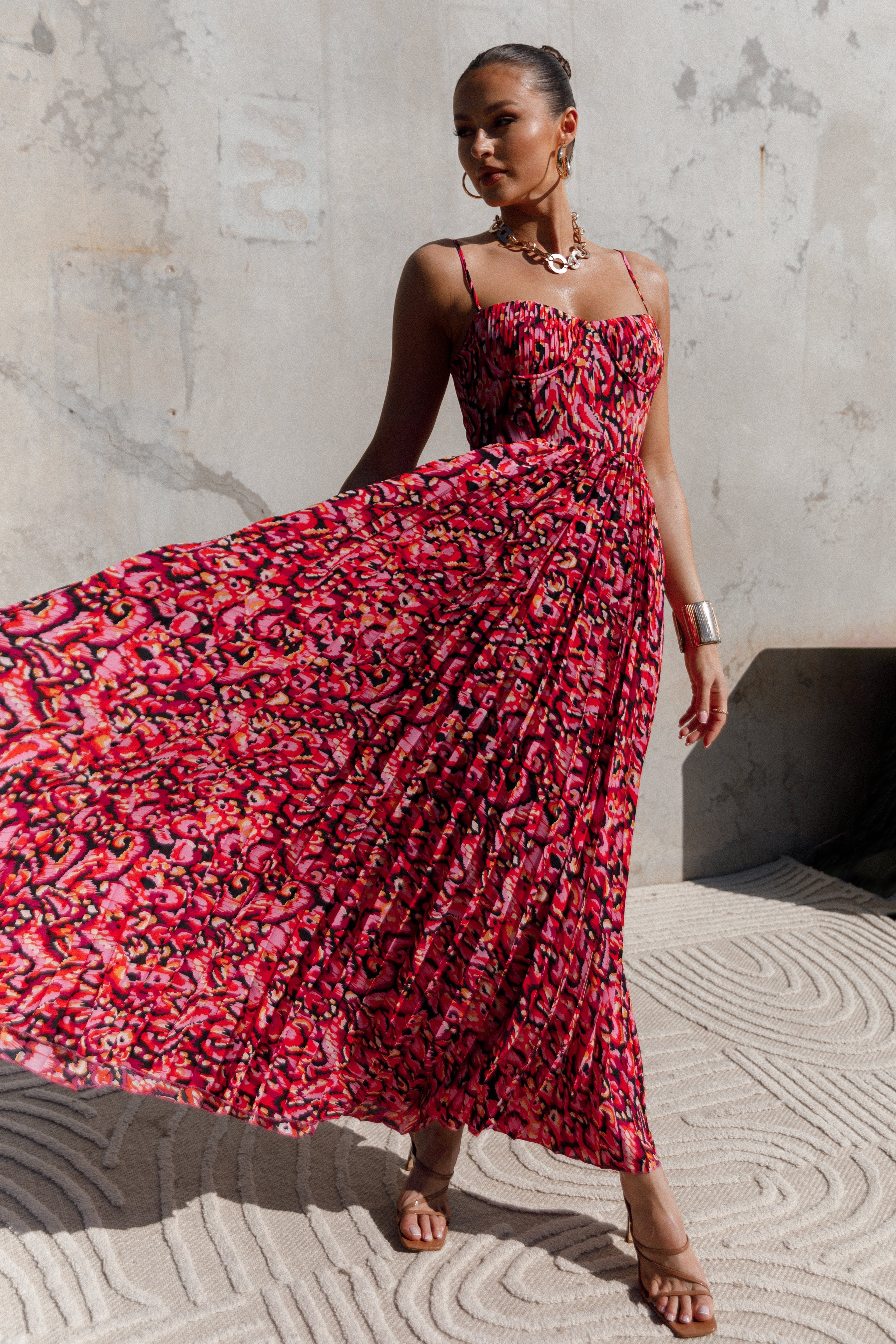 Achanti Pink Pleated Maxi Dress with Sweetheart Neckline
