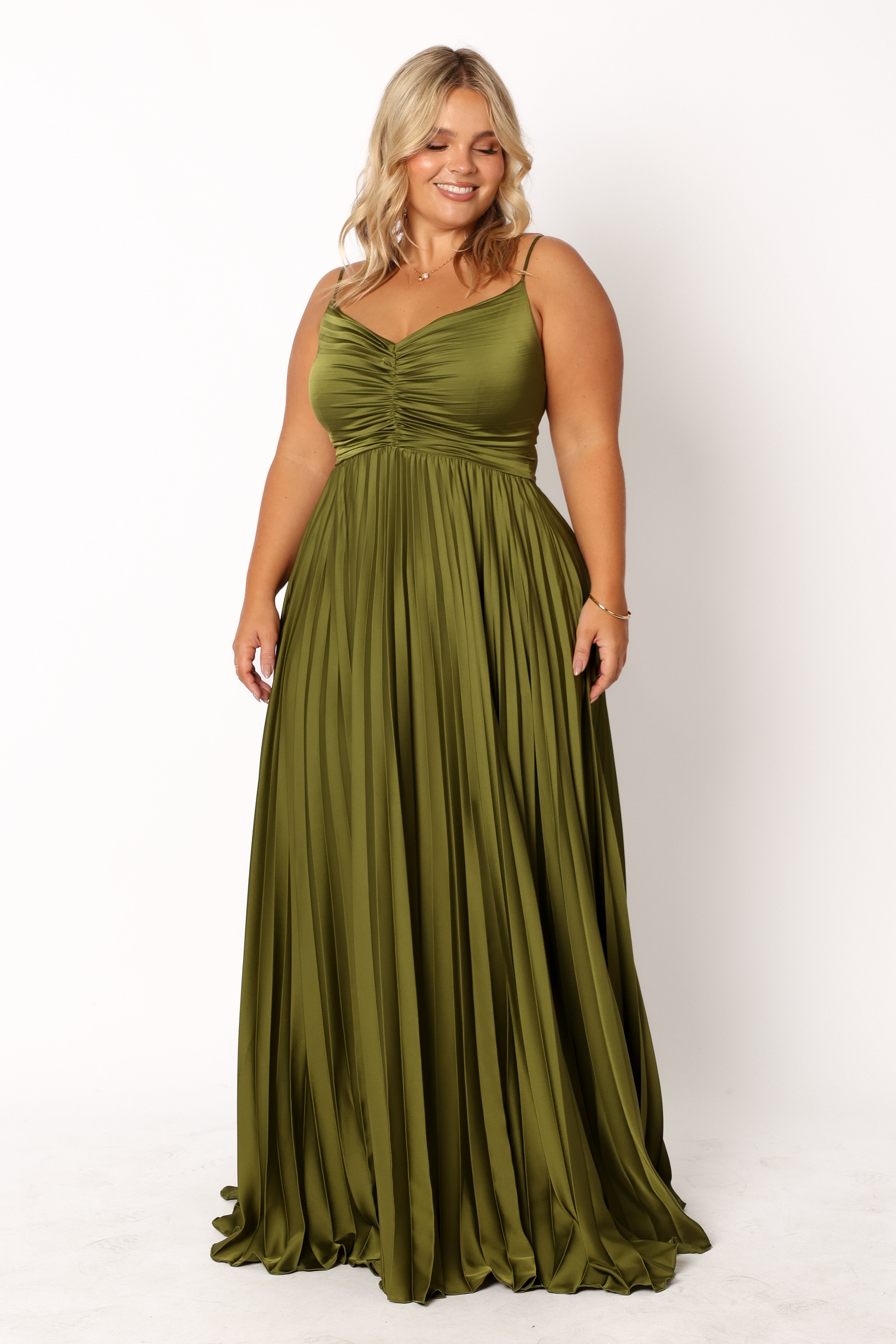 Palm Green Pleated Maxi Dress with V Neck & Adjustable Straps