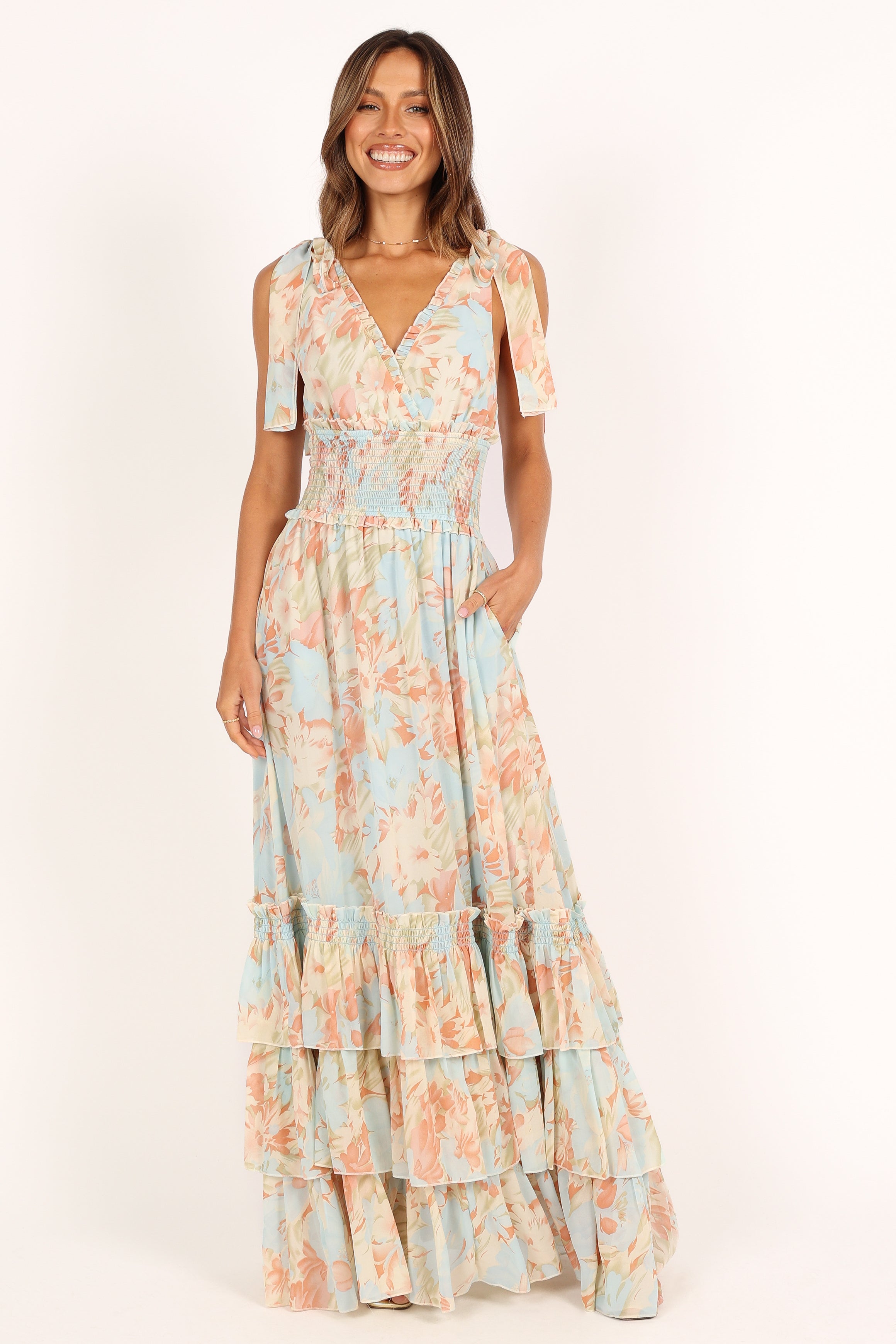 Blue Floral Christabel Tiered Maxi Dress with Ruffle Hemline