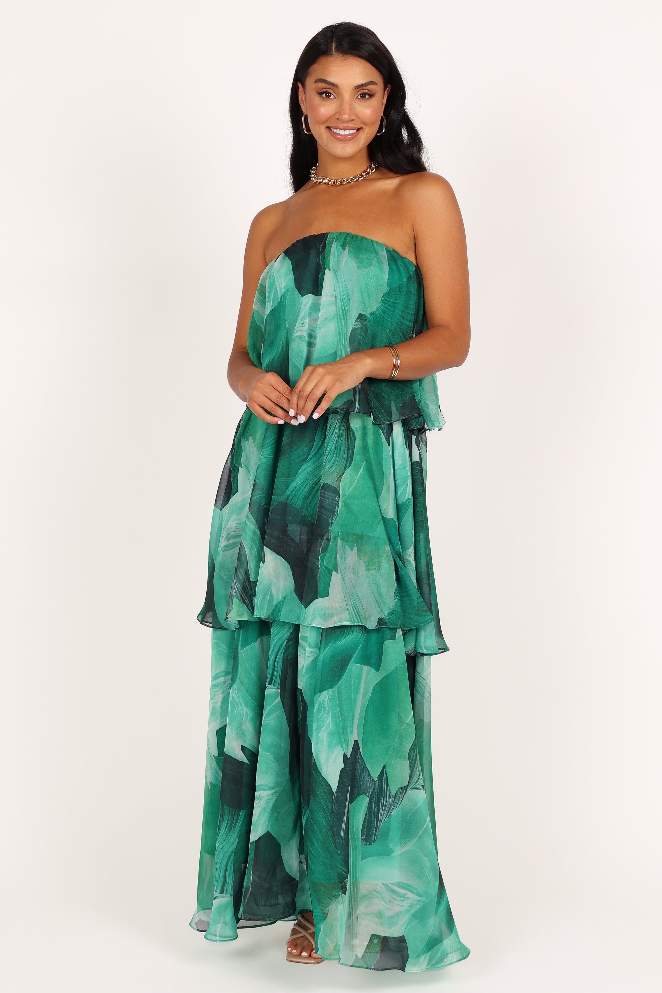 Strapless Floral Maxi Dress - Green Tiered Ruffle Design