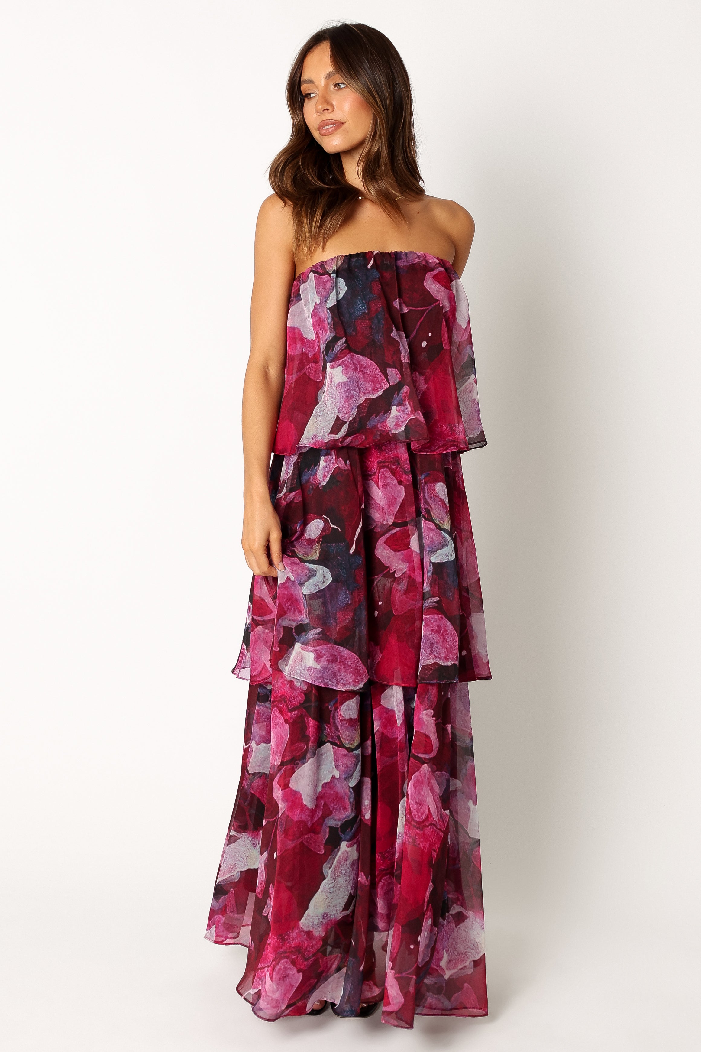 Purple Floral Strapless Maxi Dress for Special Occasions