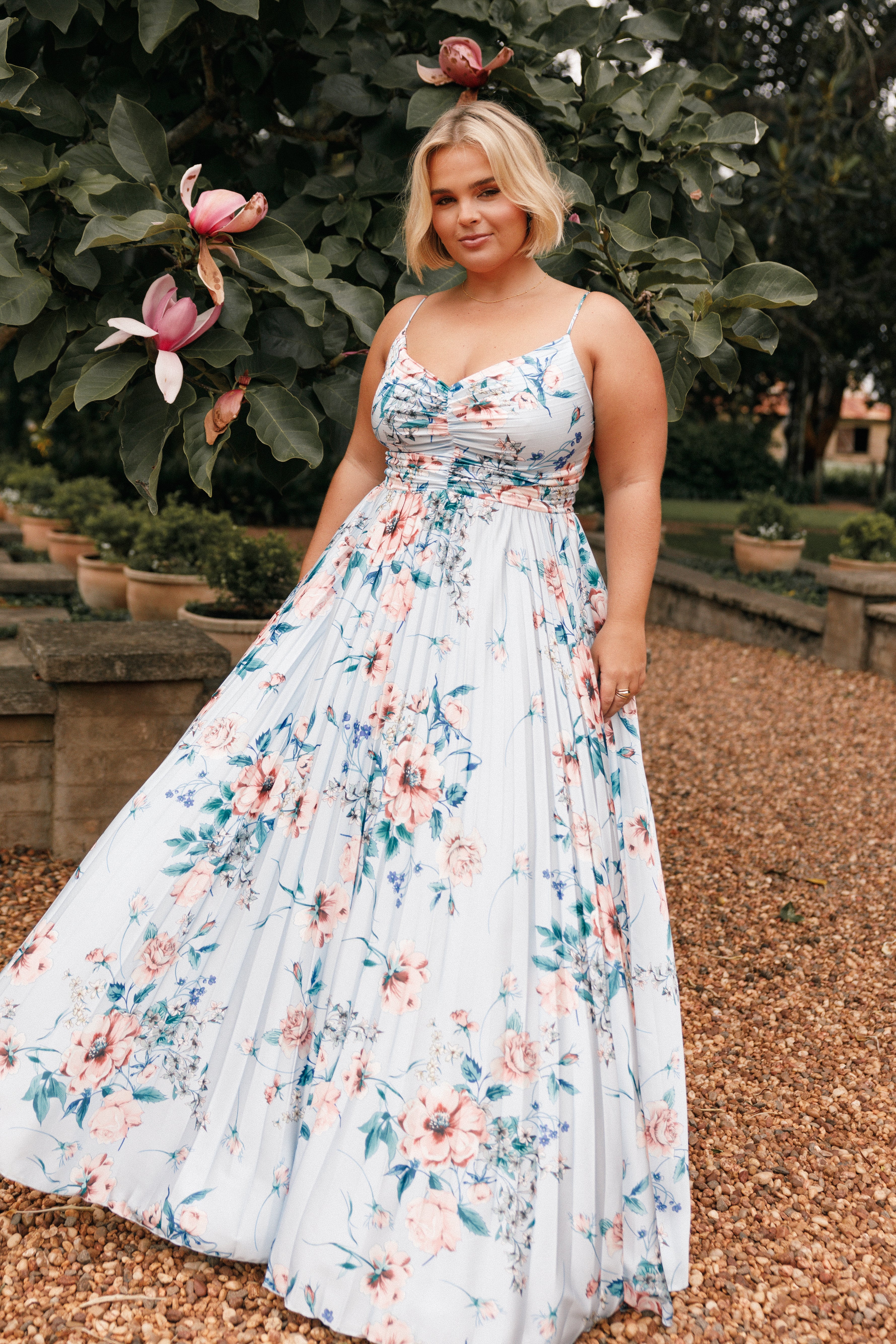 Blue Floral Pleated Maxi Dress - V Neck Satin Evening Gown