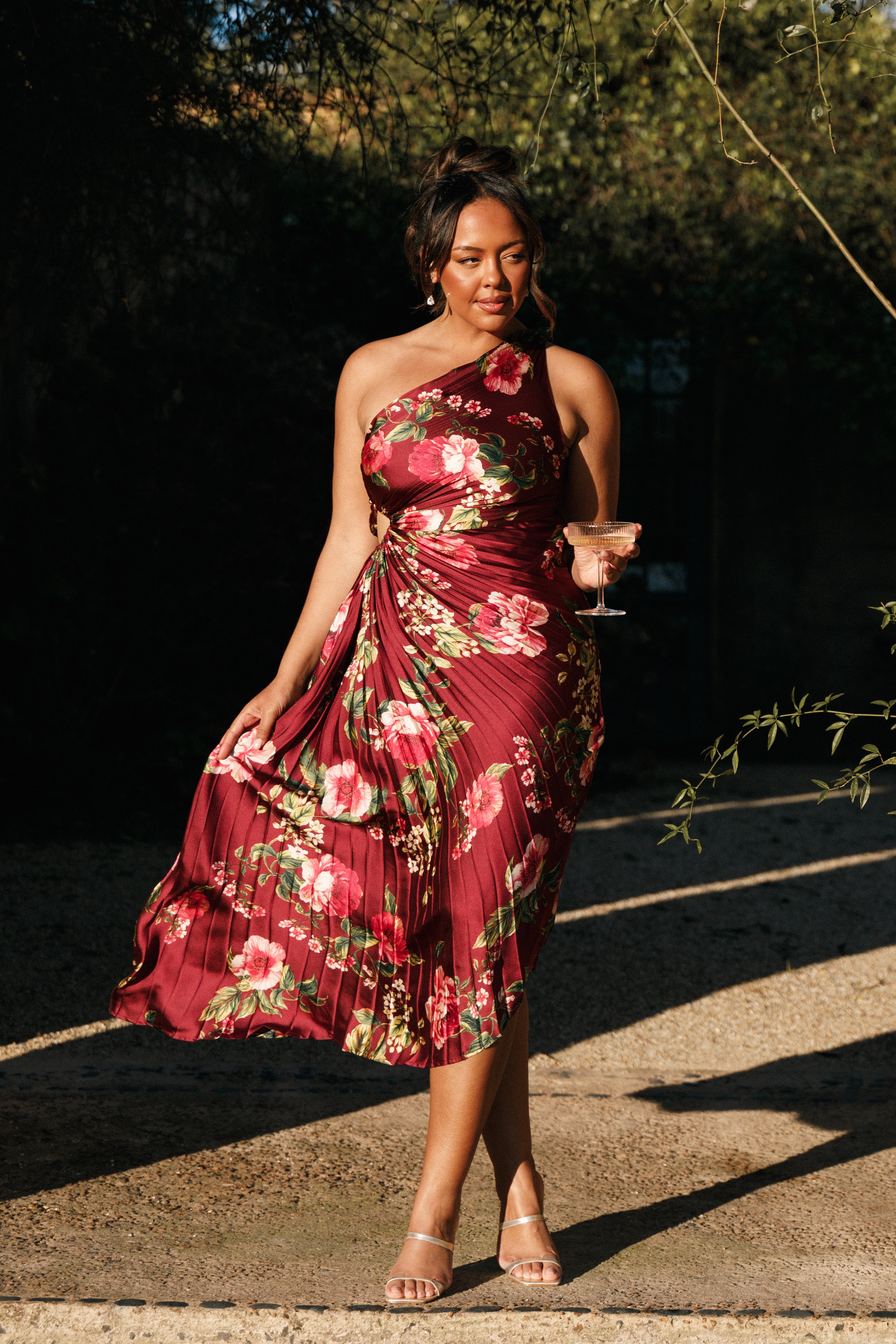 Kleo Burgundy Floral One Shoulder Maxi Dress with Cutout Detail