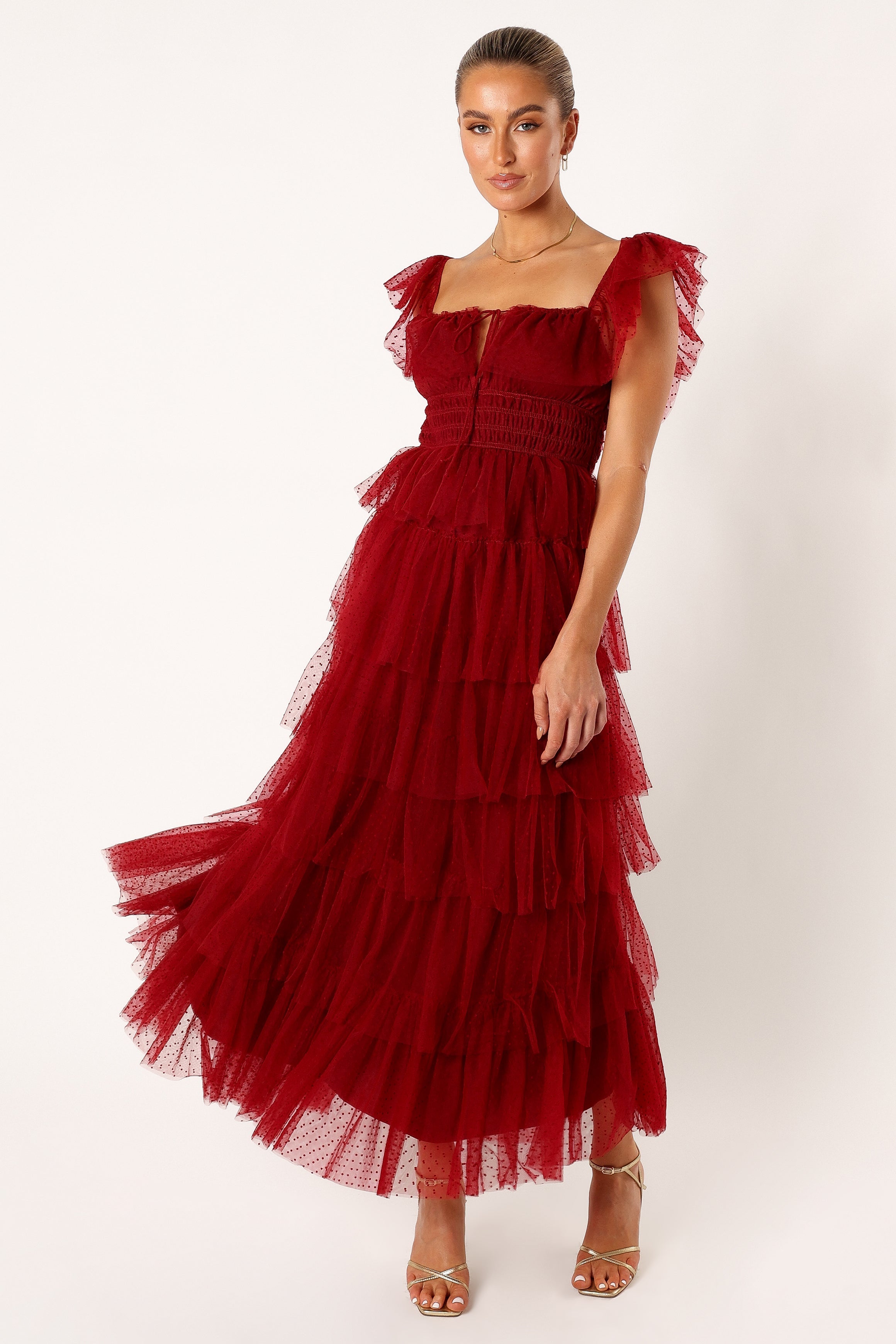 Burgundy Tulle Maxi Dress with Square Neckline & Ruffles