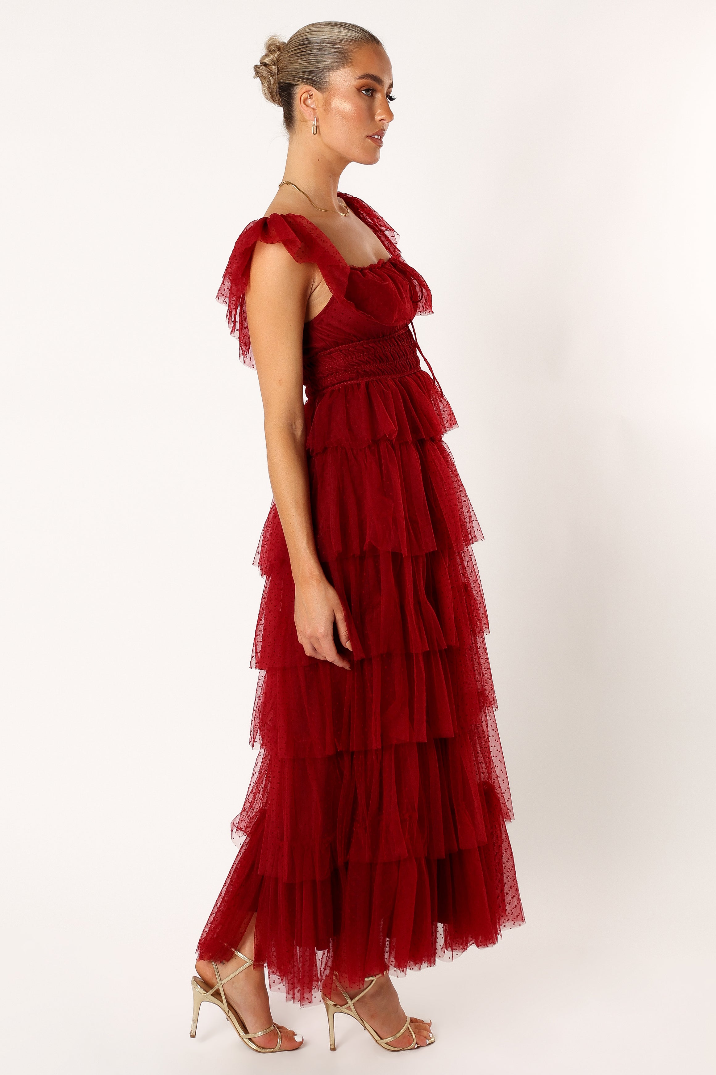 Burgundy Tulle Maxi Dress with Square Neckline & Ruffles