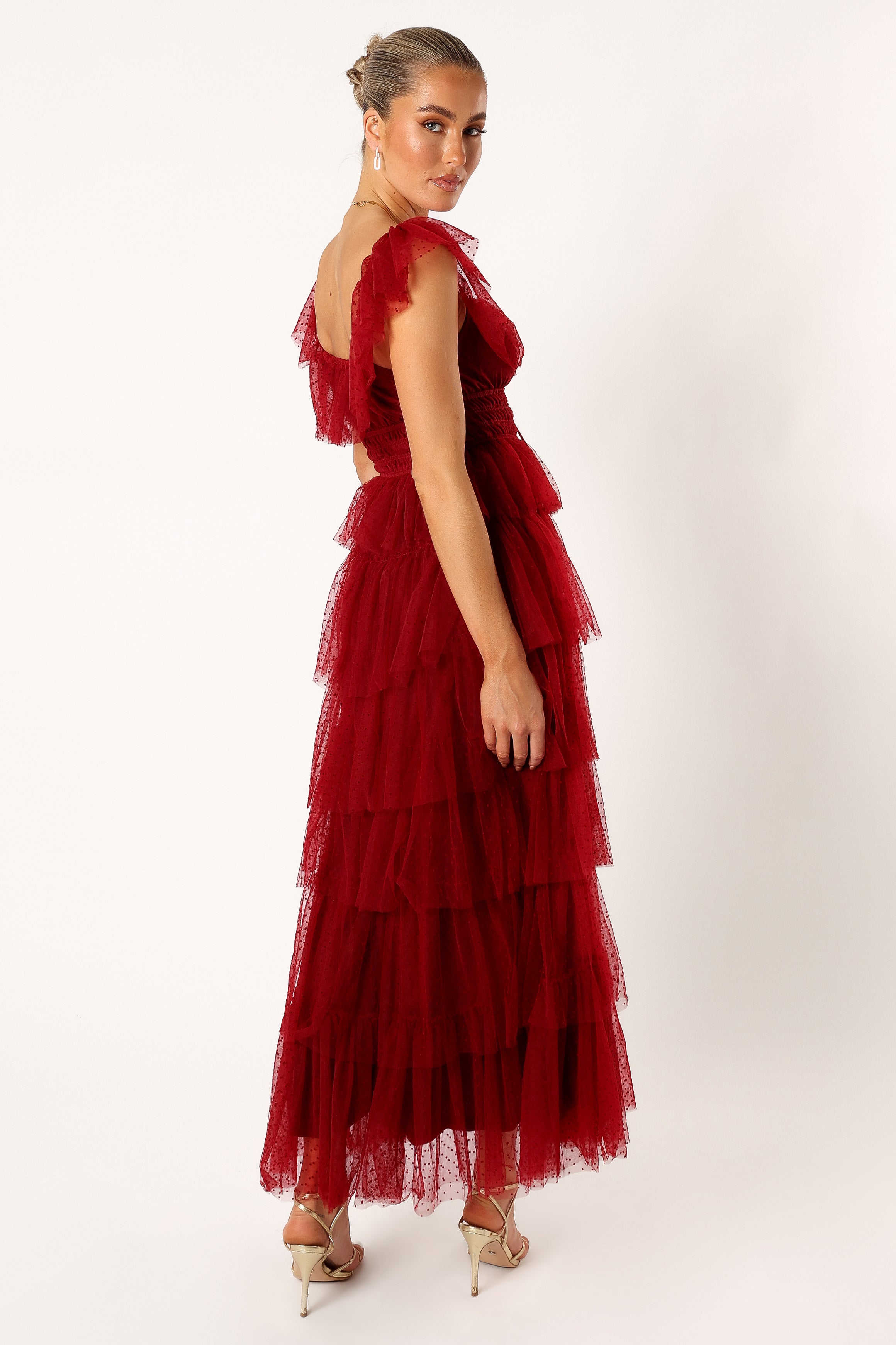 Burgundy Tulle Maxi Dress with Square Neckline & Ruffles