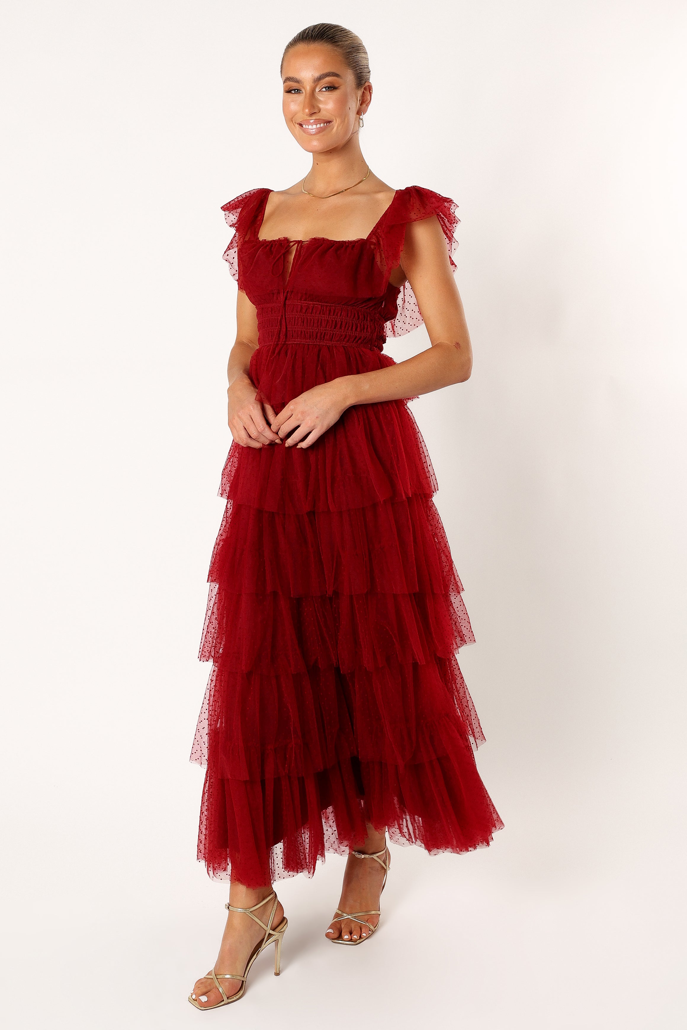 Burgundy Tulle Maxi Dress with Square Neckline & Ruffles