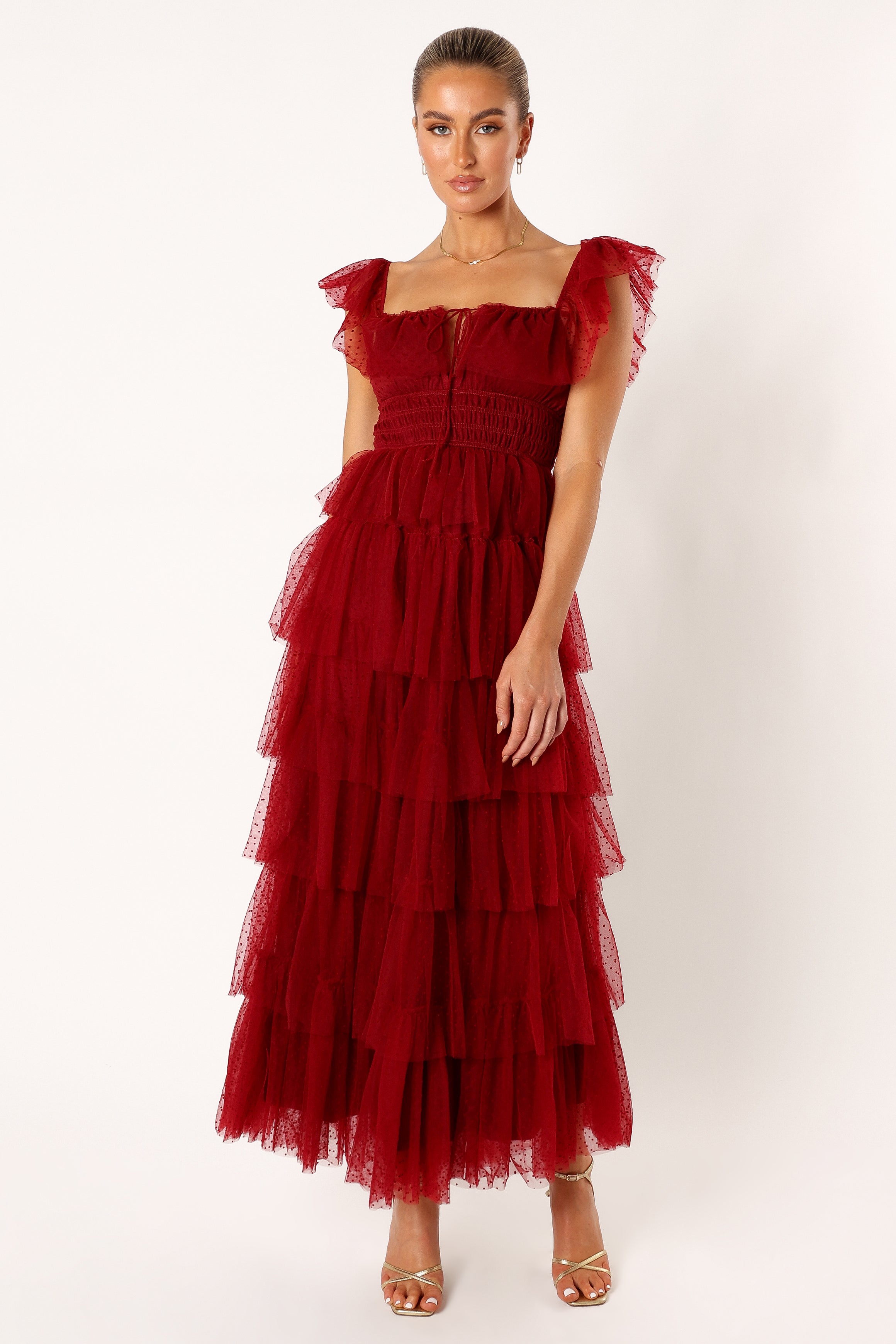 Burgundy Tulle Maxi Dress with Square Neckline & Ruffles