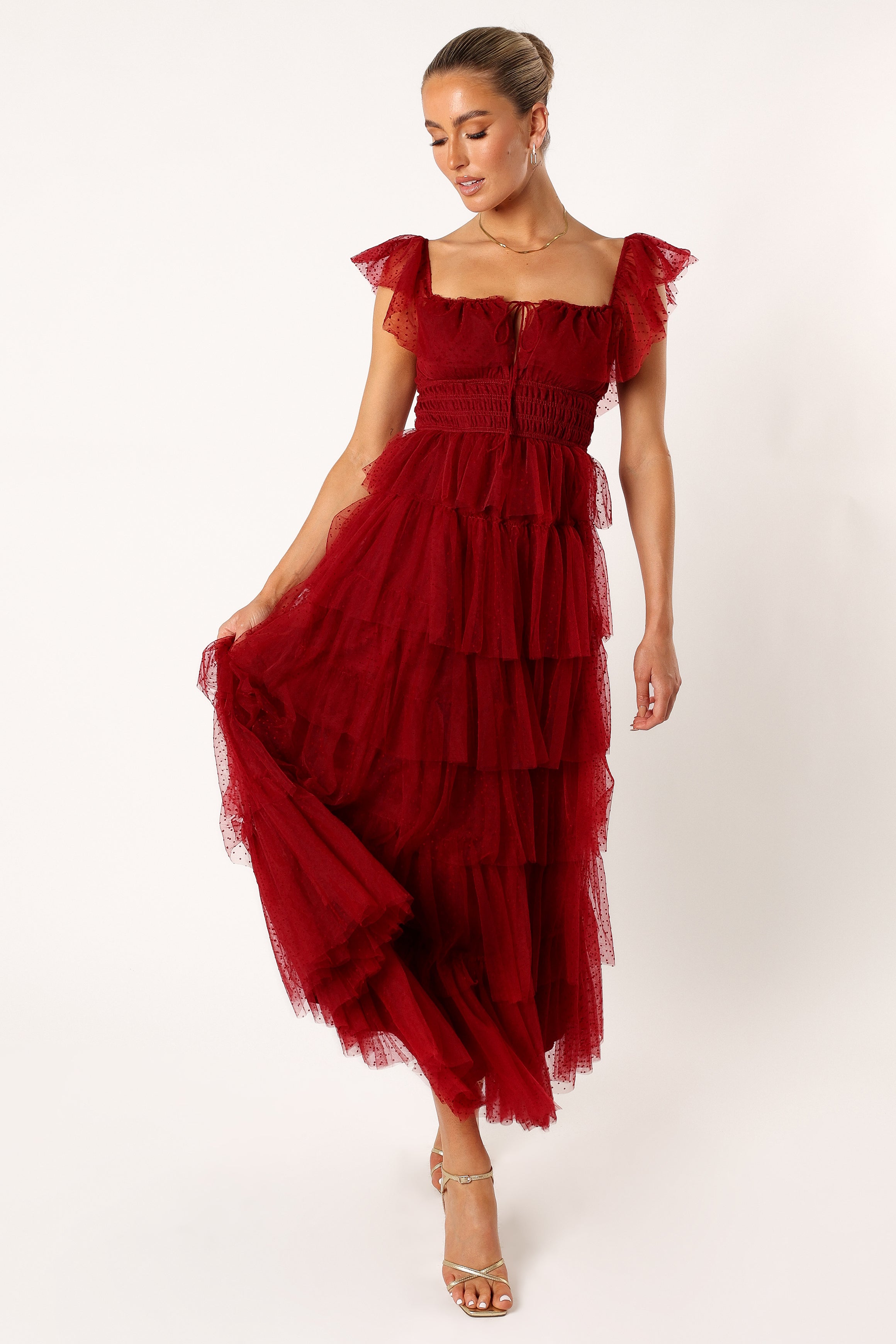 Burgundy Tulle Maxi Dress with Square Neckline & Ruffles