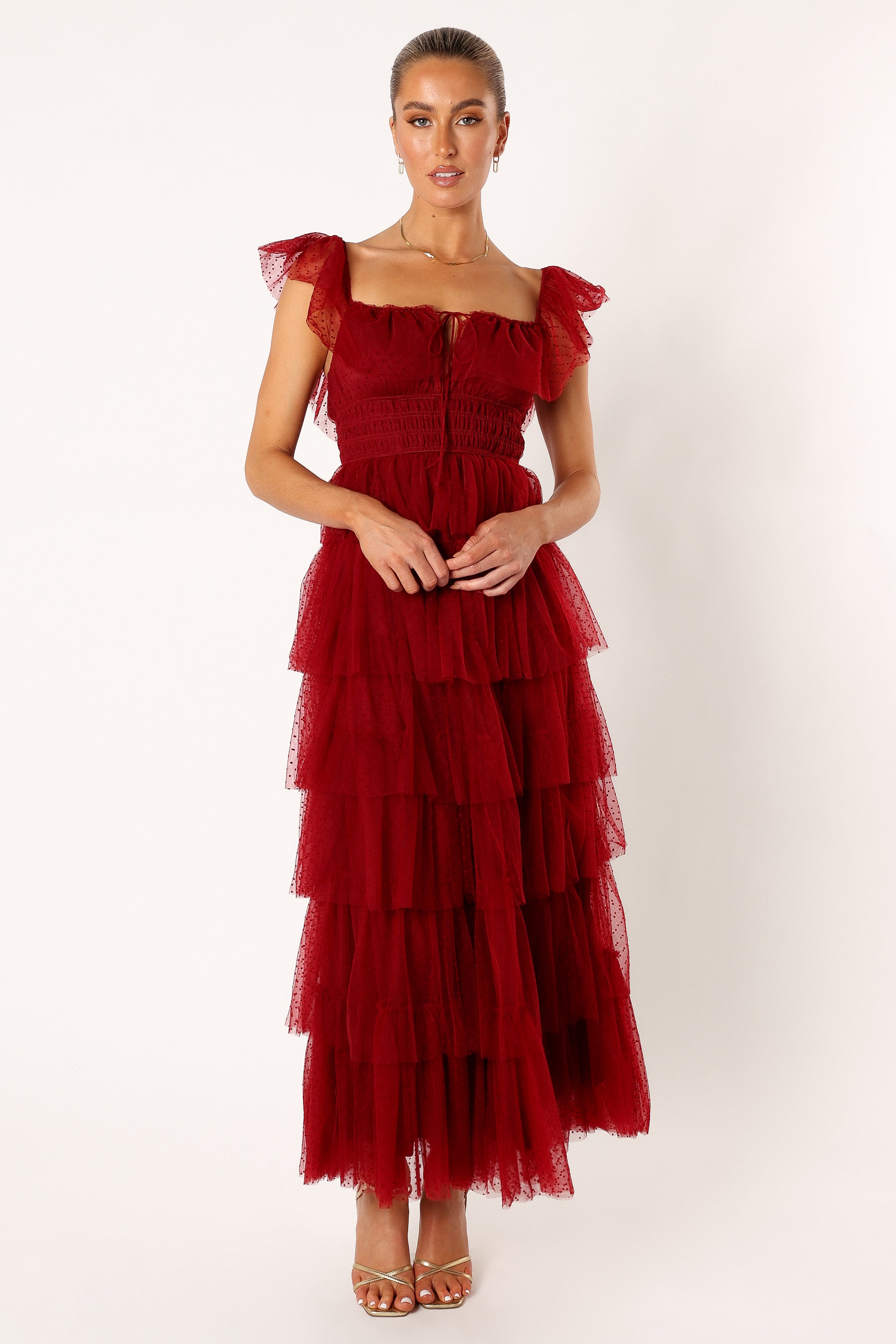 Burgundy Tulle Maxi Dress with Square Neckline & Ruffles