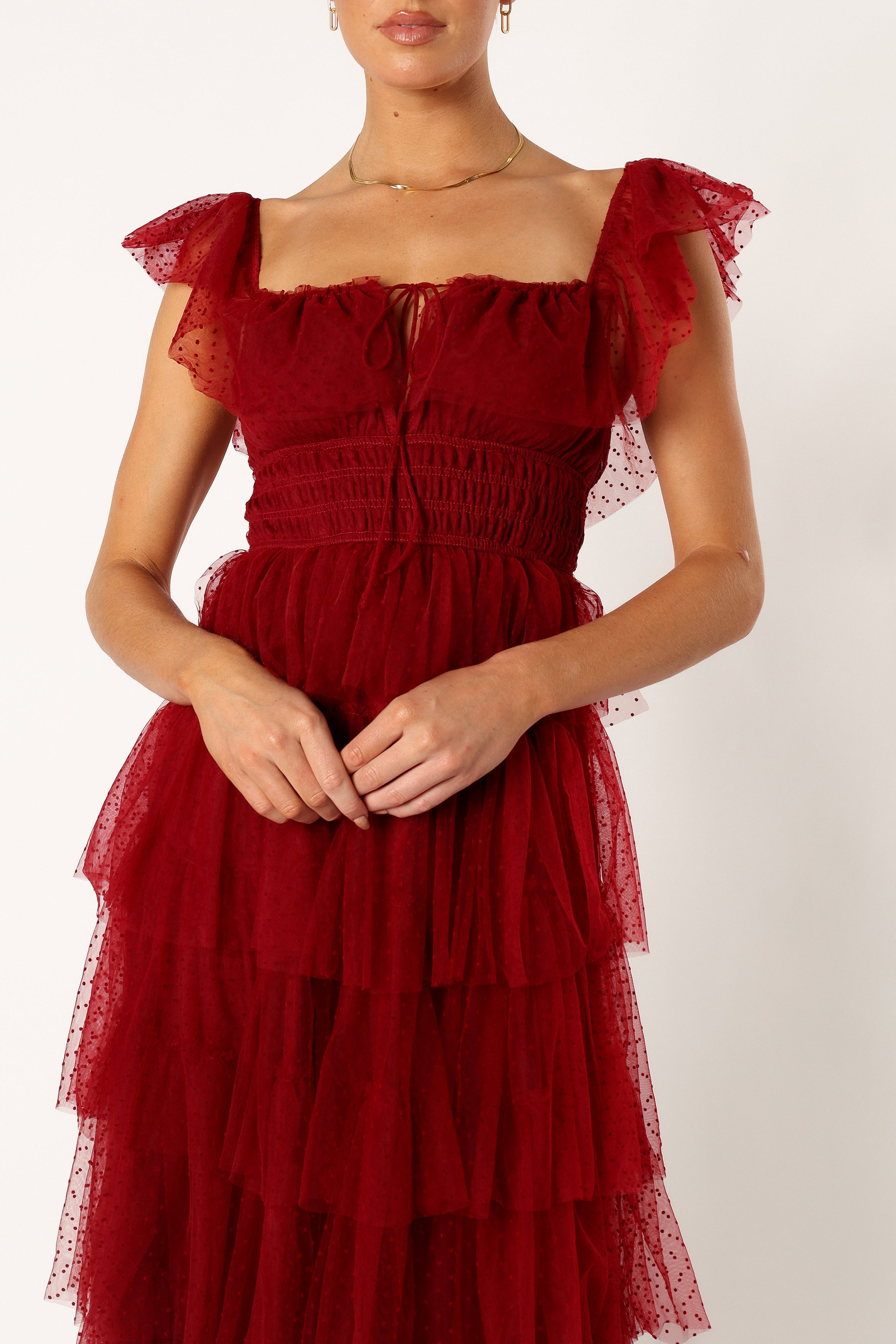 Burgundy Tulle Maxi Dress with Square Neckline & Ruffles
