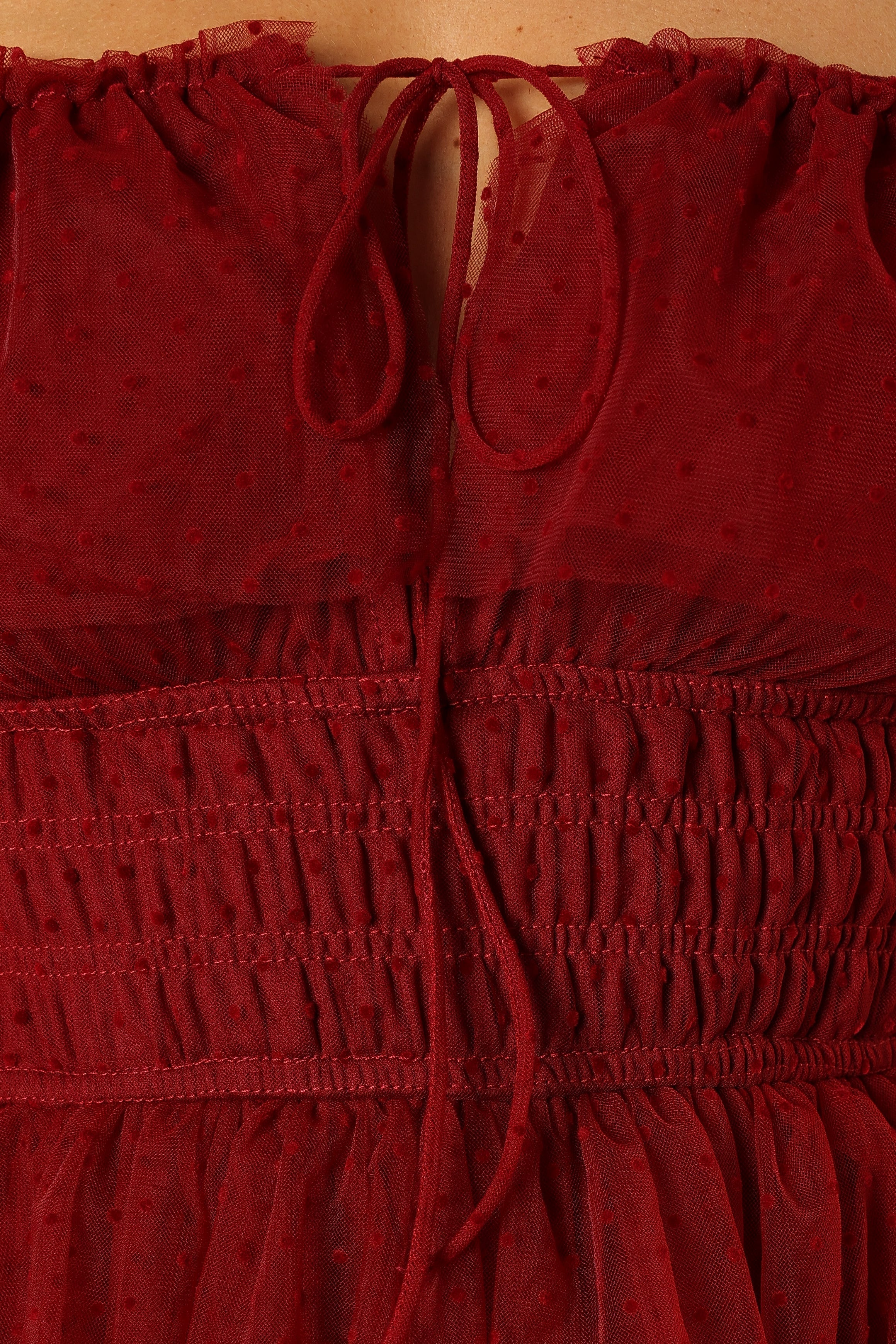 Burgundy Tulle Maxi Dress with Square Neckline & Ruffles